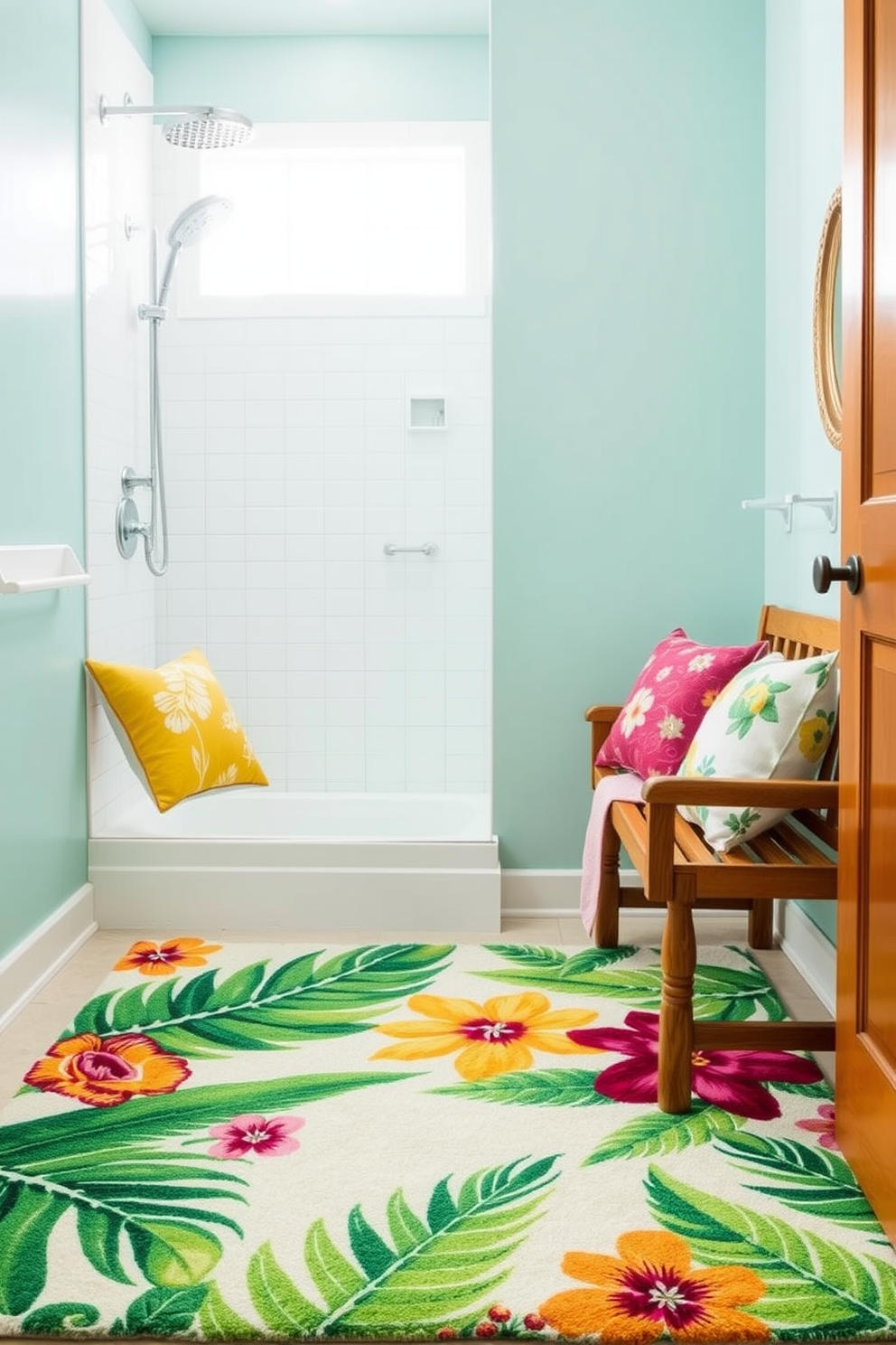 A vibrant bathroom featuring tropical motifs that evoke a vacation vibe. The design includes a plush area rug adorned with palm leaves and bright floral patterns, providing a lively contrast to the serene bathroom ambiance. The walls are painted in a soft aqua color, enhancing the tropical feel. A wooden bench sits beside the shower, topped with a few decorative pillows that complement the rug's colors.