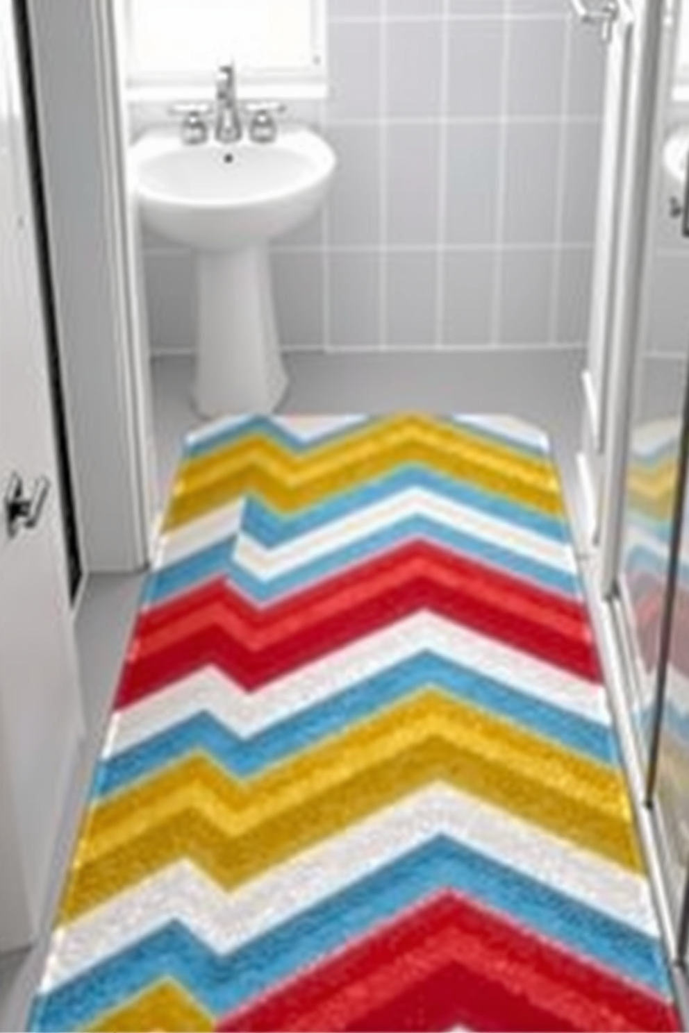 A vibrant bathroom rug design featuring bold chevron patterns in alternating colors. The rug adds a dynamic visual flow to the space, enhancing the overall aesthetic of the bathroom.