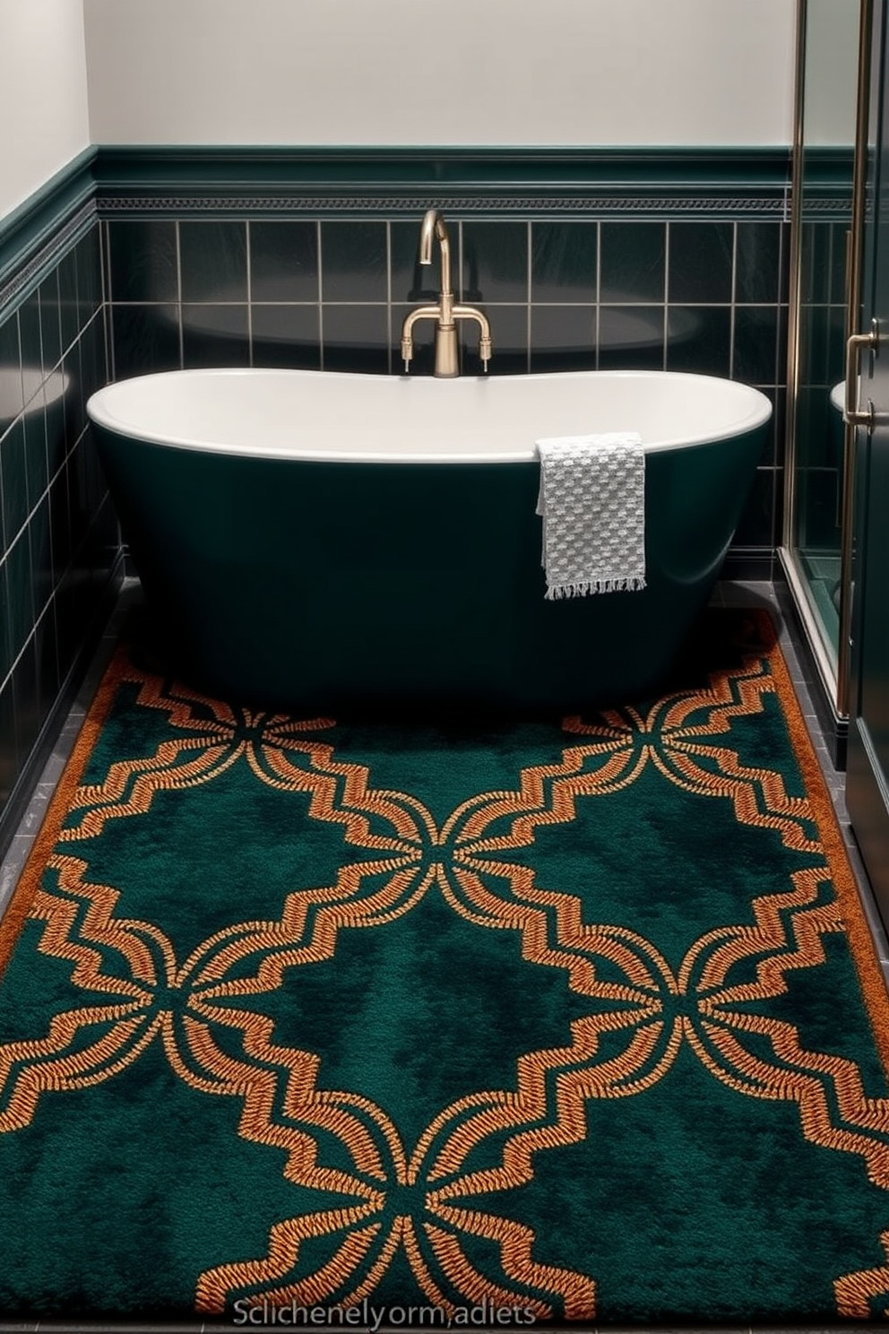 A luxurious bathroom rug design inspired by art deco influences. The rug features bold geometric patterns in rich colors like deep emerald and gold, adding vintage glamour to the space. Soft textures and plush materials create a cozy feel underfoot. Incorporating metallic accents in the design enhances the overall elegance of the bathroom.