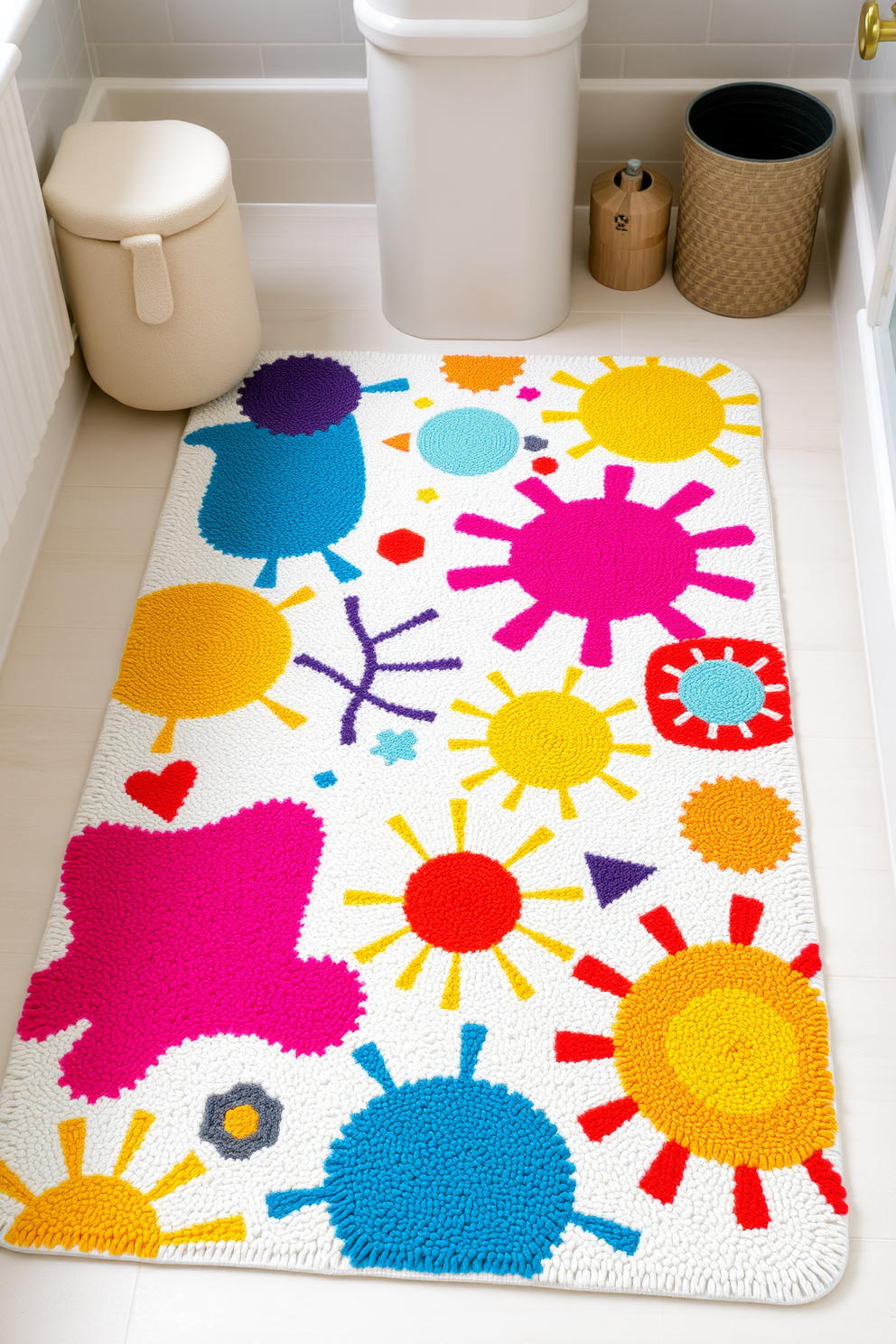 A whimsical bathroom rug featuring an array of quirky shapes and vibrant colors. The design incorporates playful patterns such as abstract splashes and geometric forms that invite creativity and fun into the space. Soft, plush materials ensure comfort underfoot while maintaining a unique aesthetic. This rug serves as a focal point that enhances the overall playful design of the bathroom.