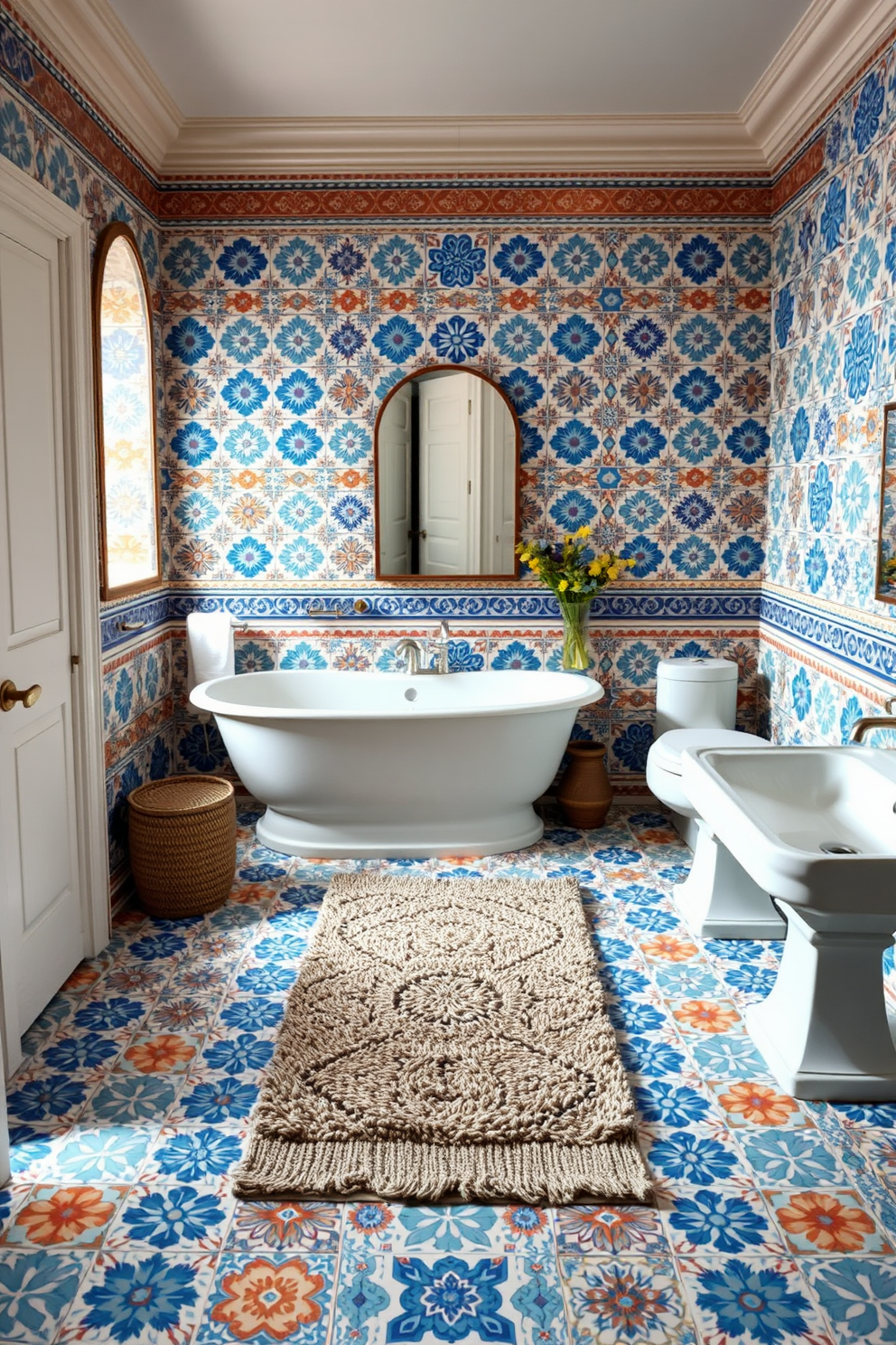 A bright and airy bathroom featuring Mediterranean tiles that showcase intricate patterns in vibrant blues and earthy terracotta. The tiles are arranged in a stunning mosaic design on the floor, creating a cultural focal point that draws the eye. In the center of the room, a plush bathroom rug adds warmth and comfort, with a soft texture that complements the tile work. The rug features a geometric pattern in muted tones that harmonizes with the overall color scheme of the space.