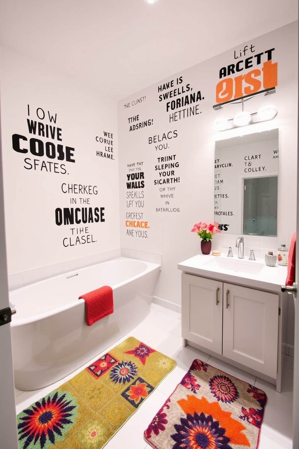 Bold typography adorns the walls, featuring playful and inspiring messages that add character to the space. The bathroom rug complements the design with vibrant colors and patterns, creating a cohesive and inviting atmosphere.