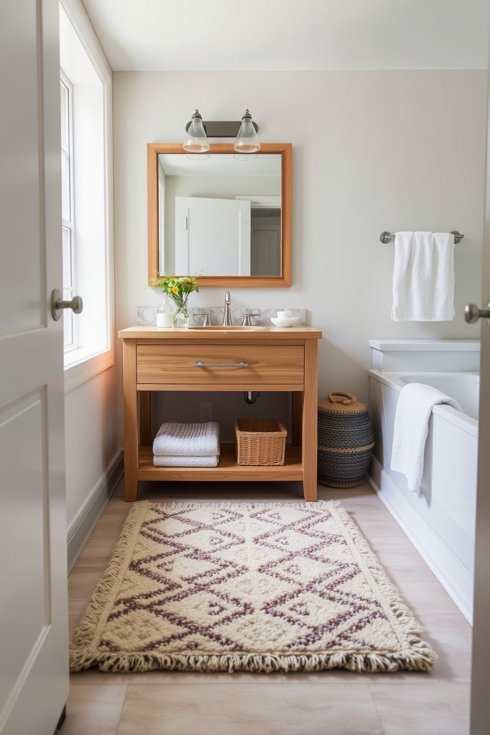 A cozy bathroom setting featuring a plush area rug that complements the transitional decor. The rug showcases a blend of soft neutral tones and subtle geometric patterns, enhancing the overall warmth of the space. Incorporating the rug into a serene environment, the bathroom features a freestanding tub and a stylish wooden vanity. Accents of brushed nickel hardware and soft lighting create an inviting atmosphere perfect for relaxation.