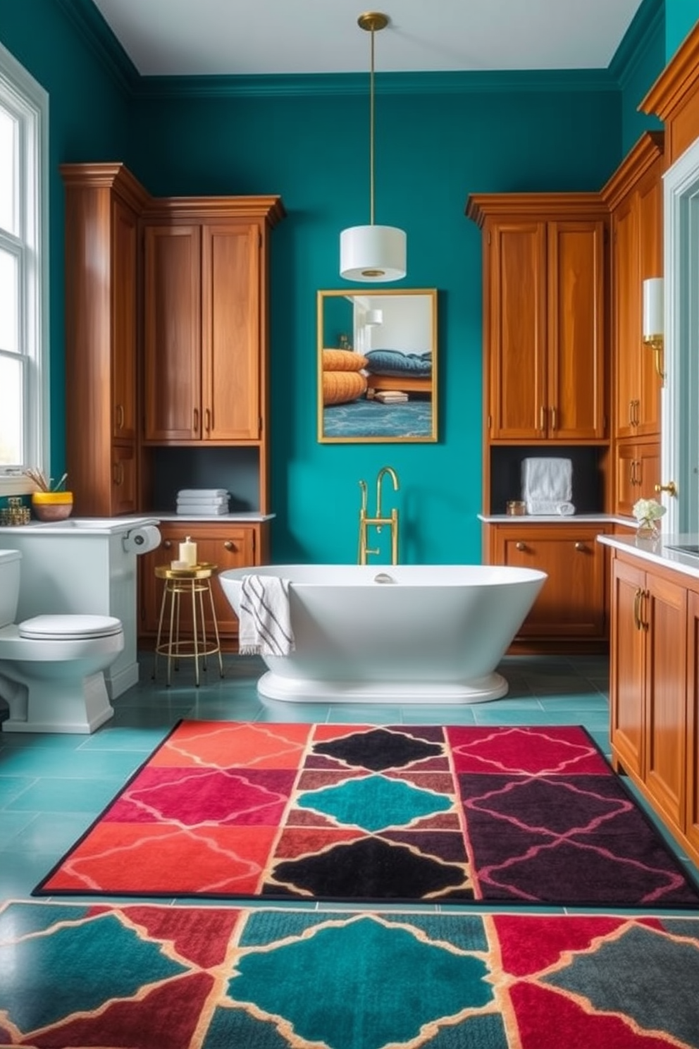 A vibrant bathroom featuring a bold geometric rug that adds a pop of color to the space. The walls are painted in a striking teal, contrasting beautifully with the warm tones of the wooden cabinetry. The rug is placed in front of a sleek freestanding bathtub, enhancing the luxurious feel of the room. Accents of gold in the fixtures and accessories complement the bold color scheme, creating a cohesive and inviting atmosphere.