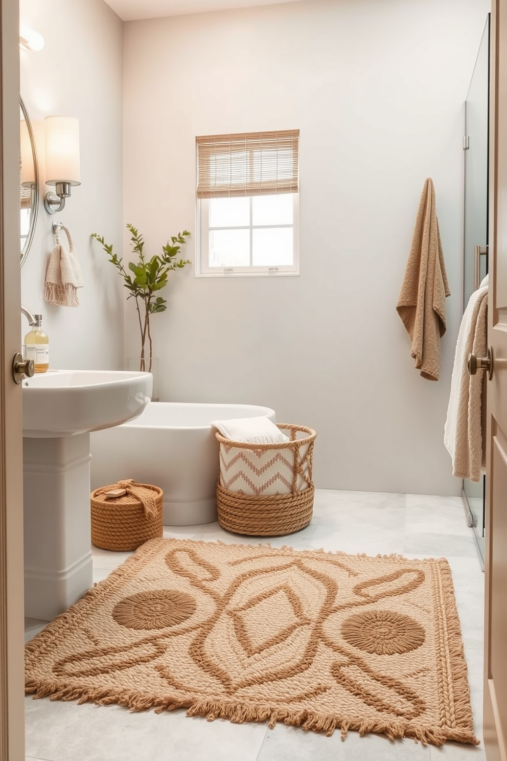 A cozy bathroom setting featuring a plush rug made from natural fibers that adds warmth and texture to the space. The rug is designed with earthy tones and organic patterns, complementing the overall eco-friendly aesthetic of the bathroom. The bathroom showcases a harmonious blend of sustainable materials and modern design elements. The natural fiber rug enhances the tranquil ambiance, inviting relaxation and comfort.