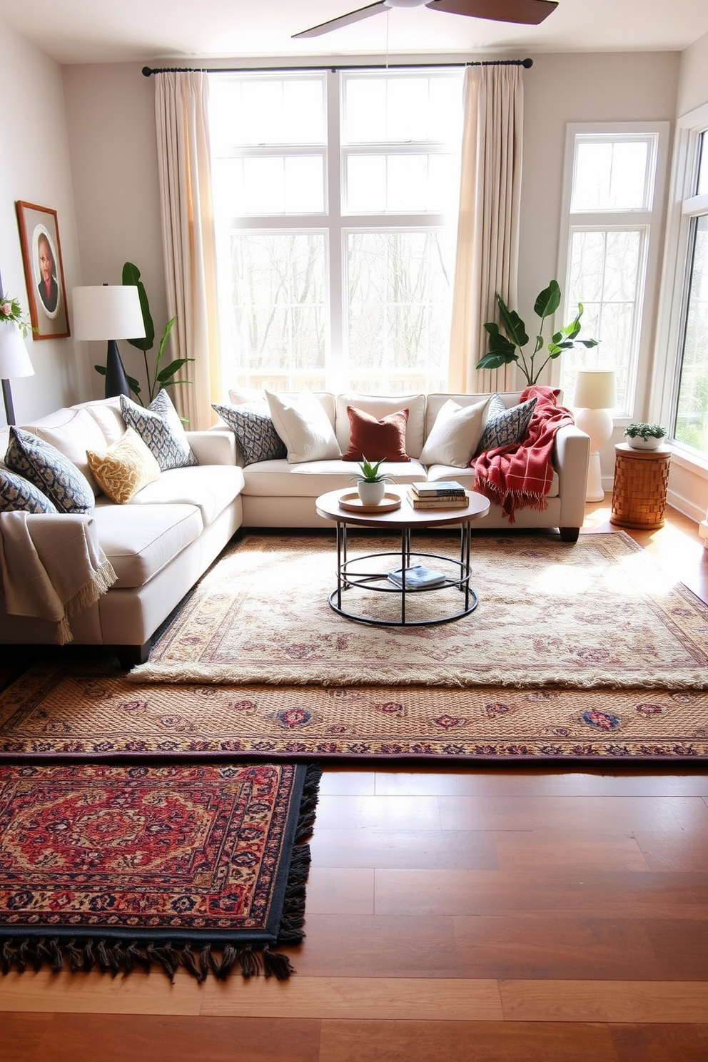 A cozy living room featuring layered rugs of various sizes and textures. The base layer is a large jute rug that adds warmth, topped with a plush, patterned area rug that creates visual interest. The color palette includes soft neutrals and subtle pops of color from the decorative pillows on the sofa. Natural light pours in through large windows, highlighting the intricate details of the rugs and the overall inviting atmosphere.