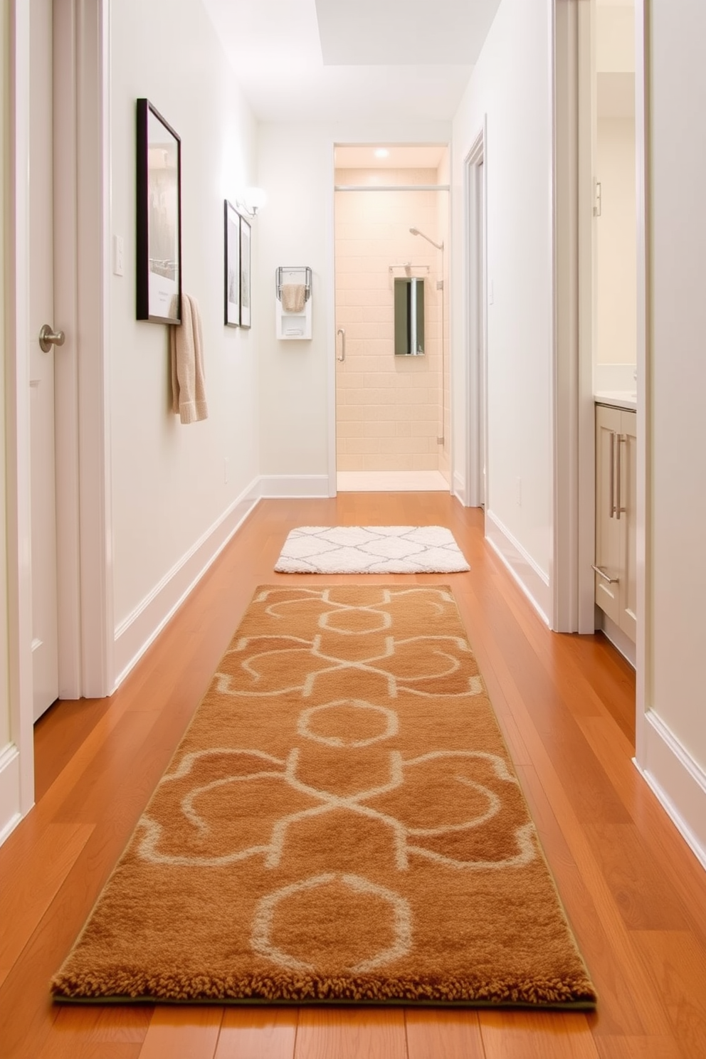 A stylish runner rug stretches across an elongated hallway, showcasing a geometric pattern in soothing earth tones. The soft texture of the rug contrasts beautifully with the sleek hardwood floor, adding warmth and visual interest to the space. In a modern bathroom, a plush rug with a subtle wave design complements the contemporary fixtures and neutral color palette. The rug's luxurious feel enhances the overall comfort of the space, making it a perfect addition for a relaxing retreat.