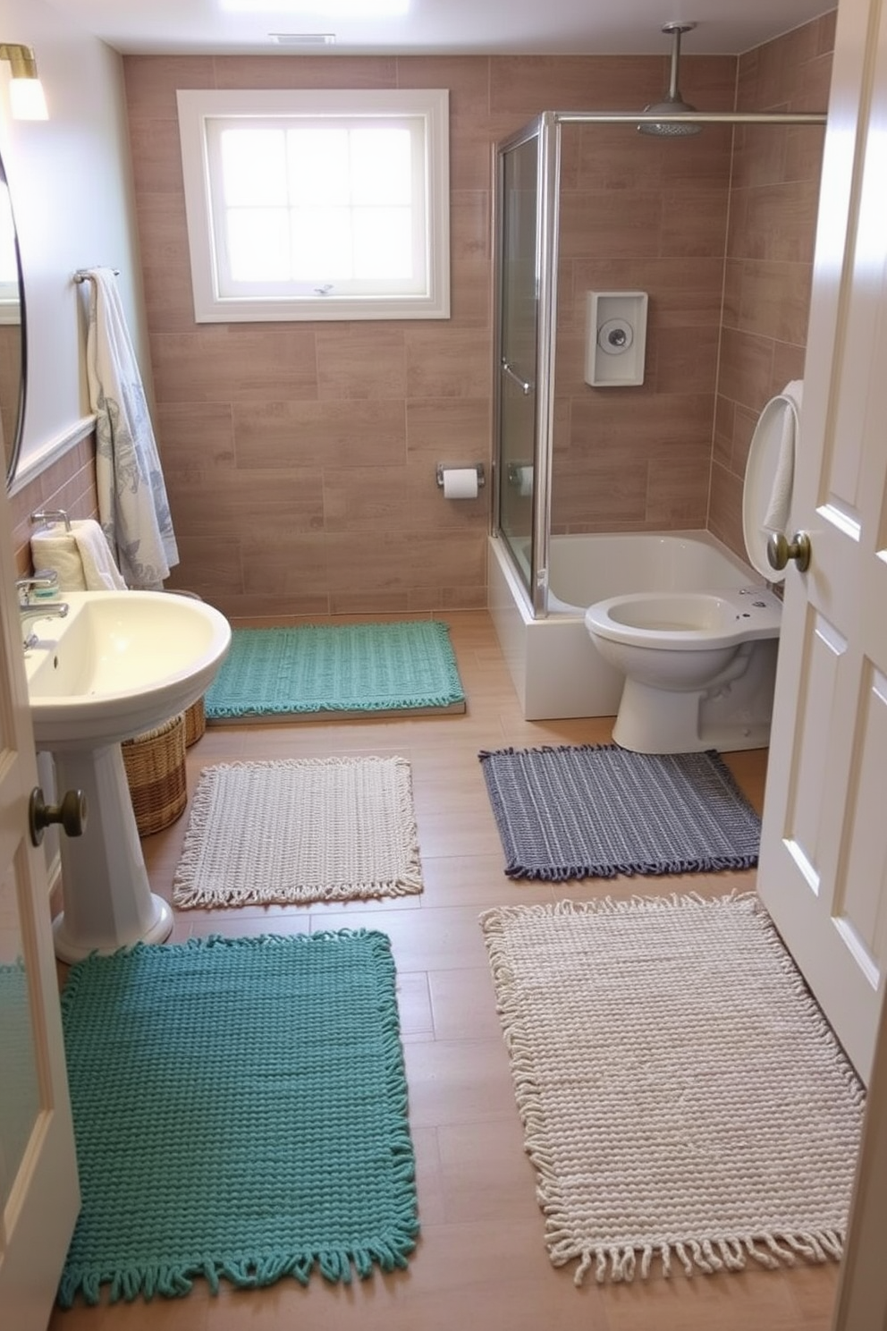 A cozy bathroom setting features textured bath mats in various shades that add visual interest and warmth. The mats are strategically placed around the sinks and shower area, complementing the overall color scheme of the space. The design incorporates a mix of materials such as cotton and jute to enhance tactile appeal. Each rug showcases unique patterns that harmonize with the contemporary fixtures and decor elements in the room.