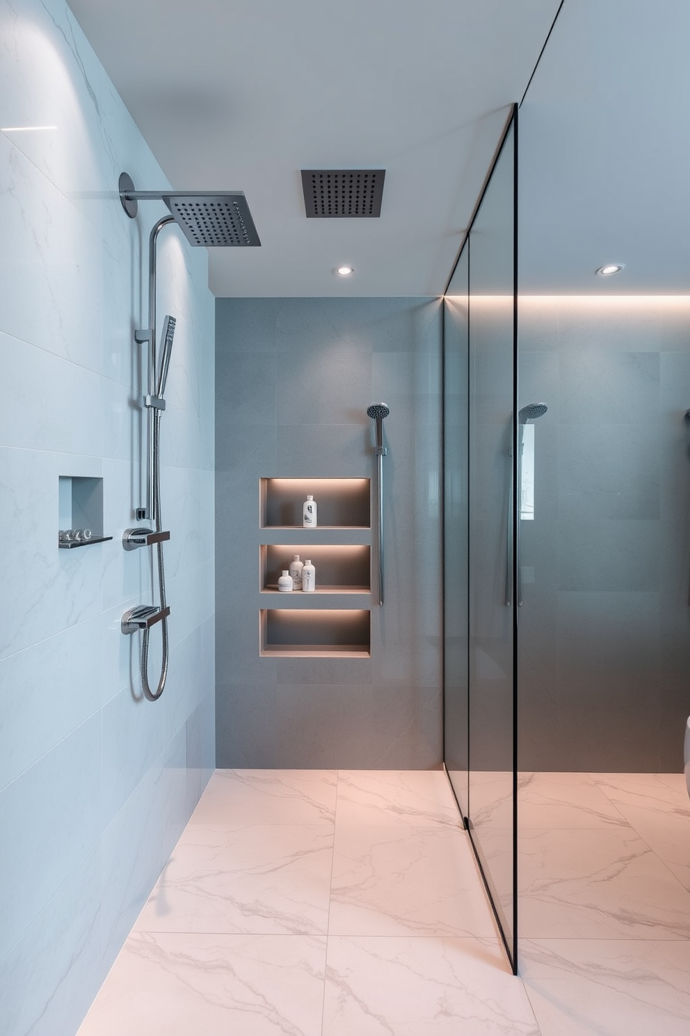 Open concept walk-in shower with glass walls featuring a rainfall showerhead mounted on the ceiling. The floor is covered in large, textured stone tiles and a built-in bench runs along one side, creating a spa-like atmosphere.