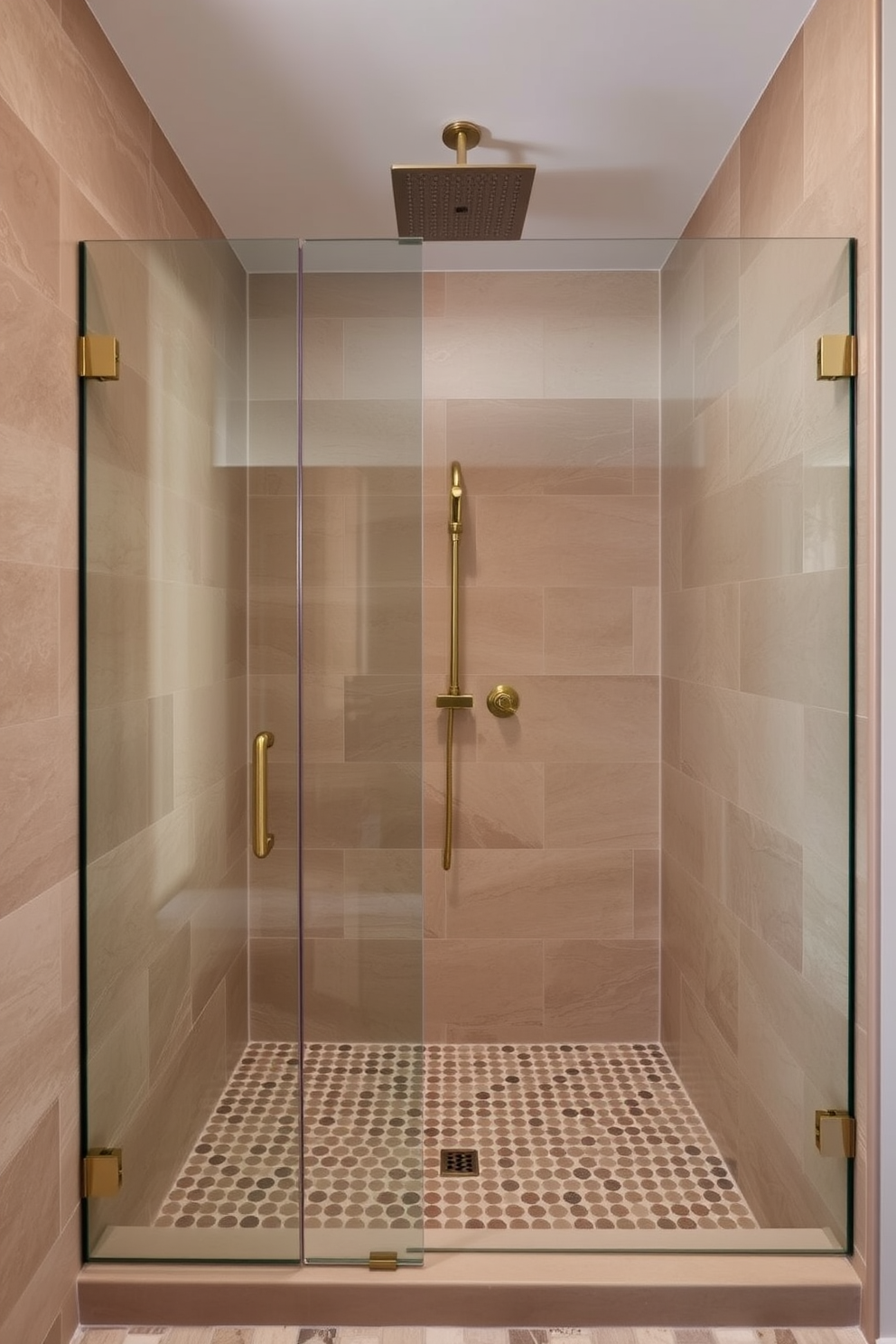 A serene bathroom shower design featuring natural stone finishes that create an organic look. The walls are adorned with large, textured stone tiles in earthy tones, complemented by a sleek glass shower enclosure. A rainfall showerhead is positioned above, surrounded by elegant brass fixtures that add a touch of luxury. The floor is finished with smaller mosaic stones, enhancing the natural aesthetic while providing a non-slip surface.