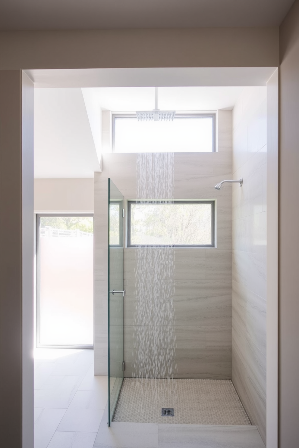 An open concept shower design features a spacious layout with a seamless transition from the bathroom to the shower area. The walls are adorned with large format tiles in a soft neutral tone, creating a calming atmosphere. The showerhead is positioned overhead, providing a luxurious rain shower experience. Natural light floods the space through a frosted glass window, enhancing the airy feel of the open concept design.