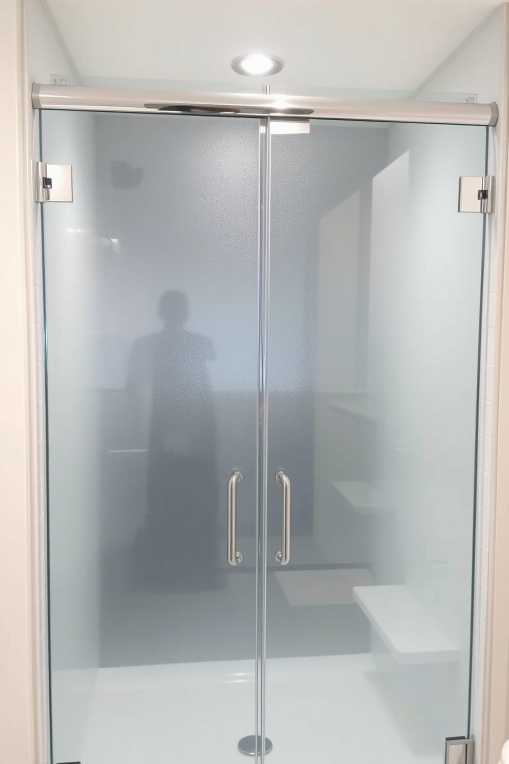 A modern bathroom shower design featuring frosted glass panels for privacy and elegance. The frosted glass is framed with sleek chrome fixtures, creating a clean and sophisticated look.