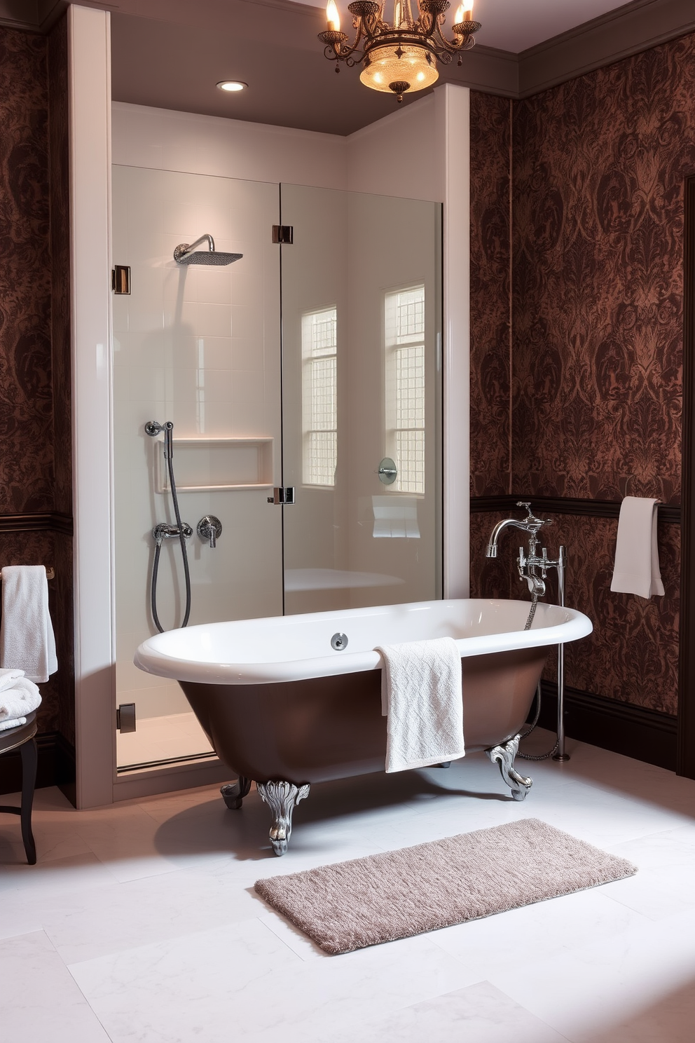 A modern bathroom shower design featuring geometric tile patterns that create visual interest. The walls are adorned with a mix of hexagonal and triangular tiles in varying shades of blue and white, complemented by a sleek glass shower door. The shower floor showcases a contrasting black and white geometric pattern that adds depth to the space. A rainfall showerhead is installed above, enhancing the luxurious feel of the shower experience.