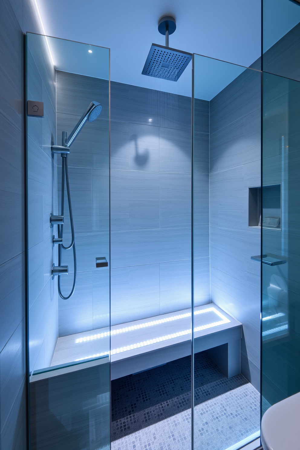 A modern bathroom shower design featuring sleek glass panels and a rainfall showerhead. The space is illuminated by LED lighting that creates a dramatic ambiance, highlighting the elegant tiles and fixtures. The walls are adorned with large format tiles in a soft gray hue, while the floor is finished with a textured stone for added grip. A built-in bench provides functionality and comfort, complemented by strategically placed LED strip lights for an inviting glow.