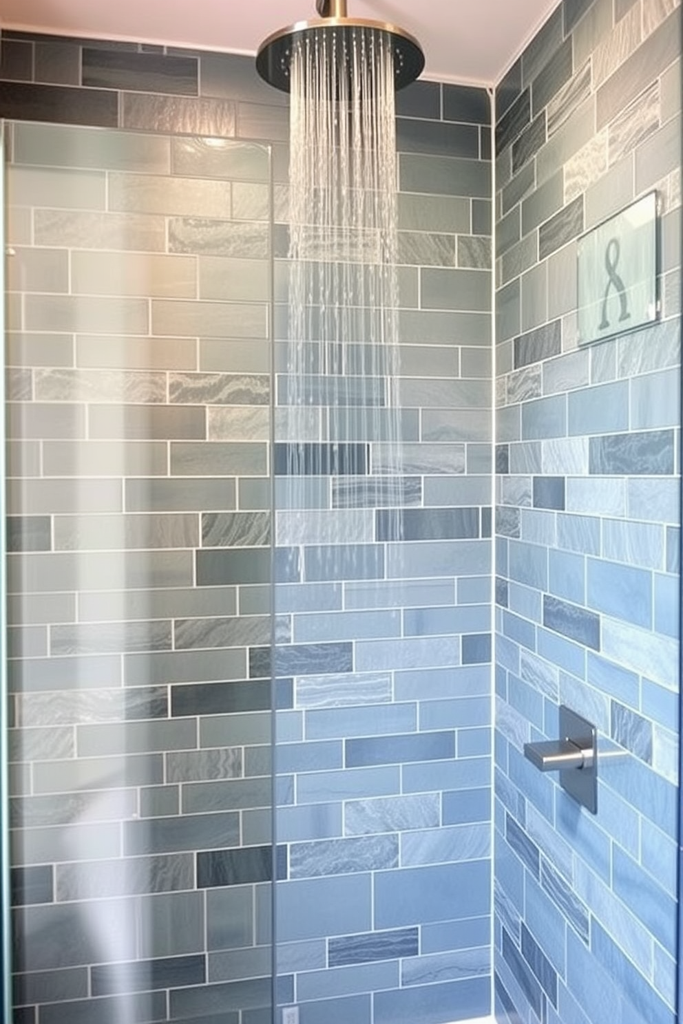 Textured tiles create a stunning visual interest in a modern bathroom shower. The walls are adorned with a mix of matte and glossy tiles in varying shades of blue and grey, adding depth and character to the space. The shower features a sleek glass enclosure that showcases the intricate tile work. A rainfall showerhead is mounted from the ceiling, providing a luxurious spa-like experience.