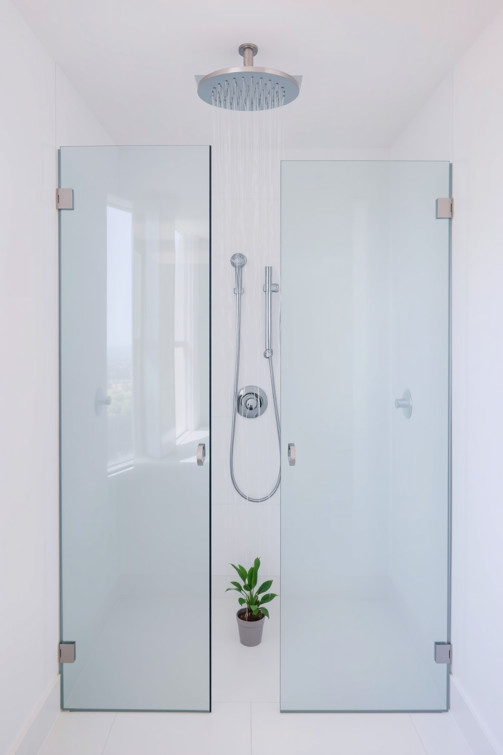 A minimalist bathroom shower design featuring sleek glass walls and a rainfall showerhead mounted from the ceiling. The floor is covered in large white tiles, and a small potted plant adds a touch of greenery to the space.