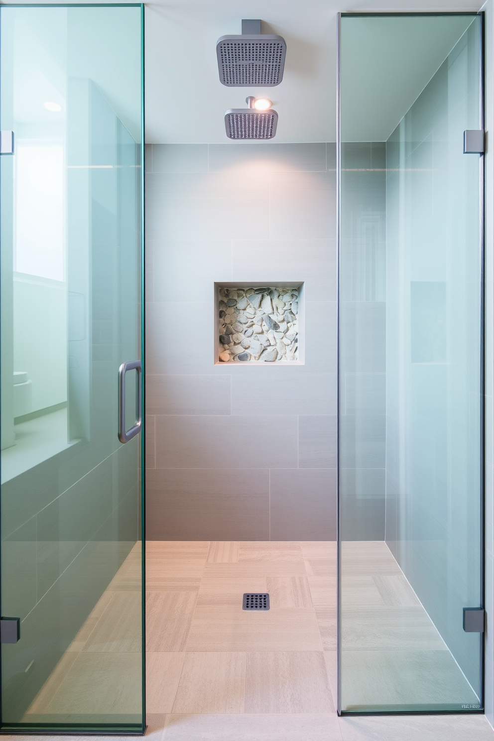 A subway tile shower features glossy white tiles arranged in a classic brick pattern with dark gray grout for a striking contrast. The sleek chrome fixtures add a modern touch, while a built-in niche provides a stylish storage solution for toiletries.