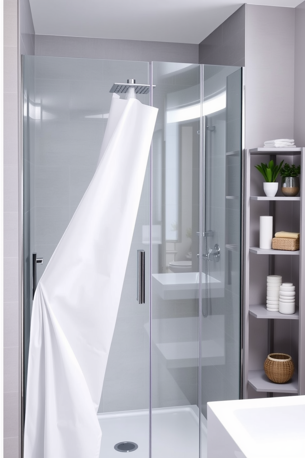 A modern bathroom design featuring a sleek glass shower enclosure with a rainfall showerhead. The space is accented by a stylish shower curtain that can be easily drawn back to create an open feel when not in use. The walls are adorned with soft gray tiles that complement the white fixtures. A minimalist shelving unit is placed nearby to hold toiletries and decorative items, enhancing the overall aesthetic.