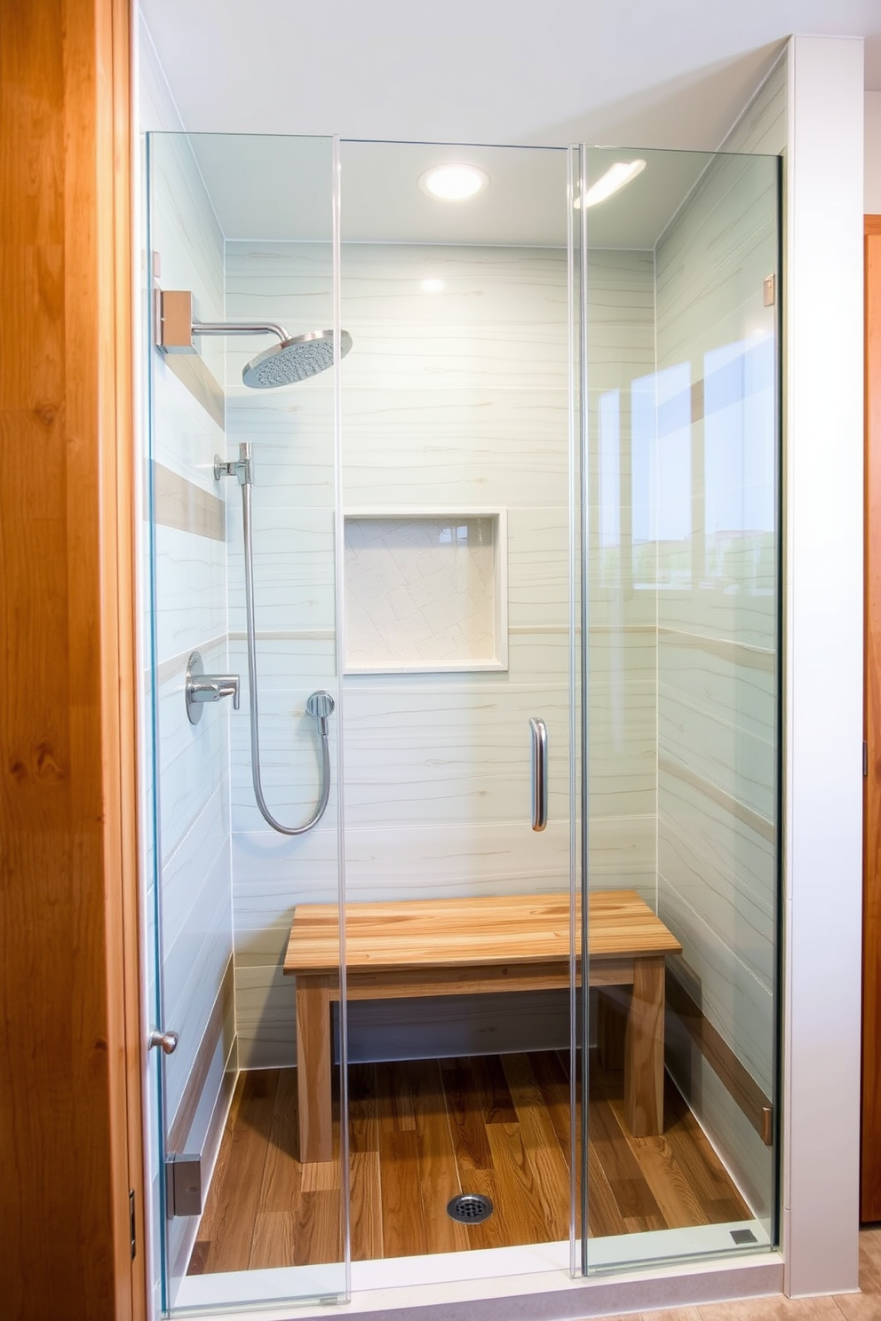 A modern bathroom shower design featuring natural wood accents that add warmth and texture. The shower area is enclosed with glass panels, showcasing a rainfall showerhead and a built-in wooden bench for a spa-like experience.