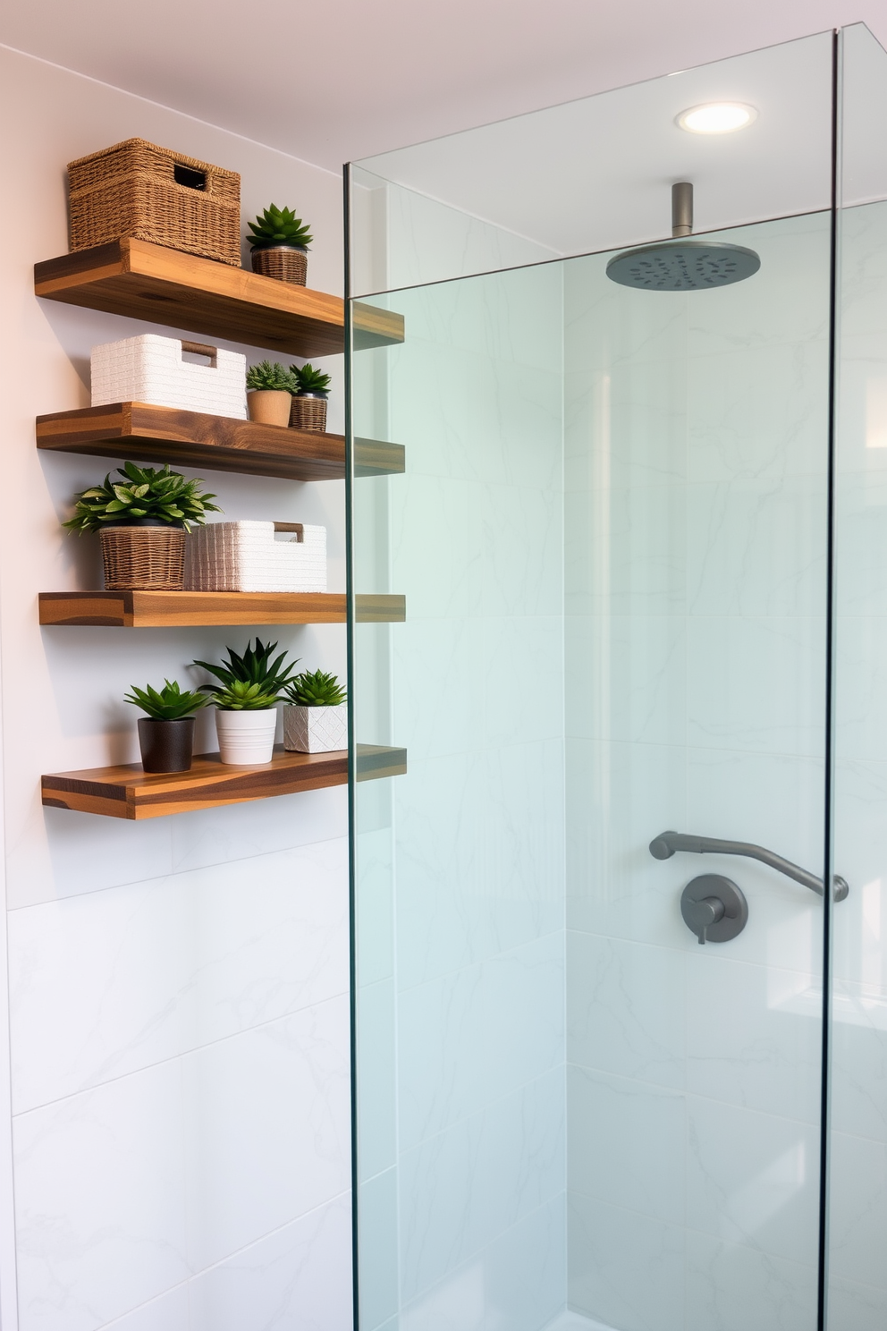 A modern bathroom featuring floating shelves made of reclaimed wood. The shelves are adorned with neatly arranged decorative baskets and potted plants, creating a stylish storage solution. A luxurious shower design with a frameless glass enclosure. The shower walls are covered in large format marble tiles, and a rainfall showerhead is positioned above for an indulgent experience.