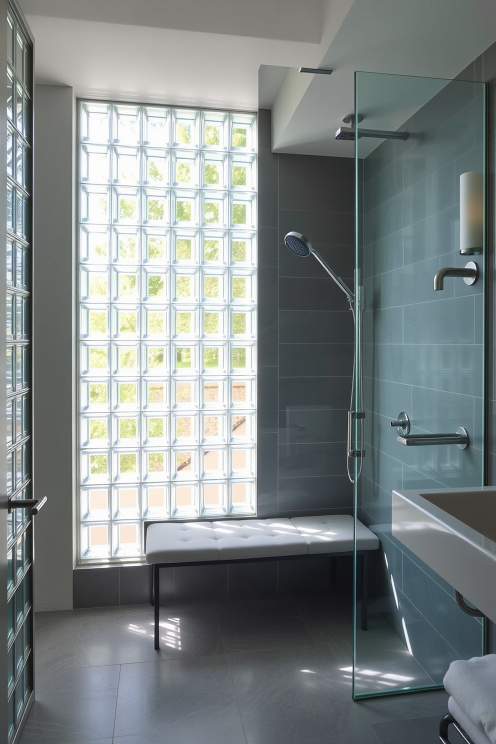 A spa-inspired steam shower features sleek glass doors and built-in seating along one side. The walls are adorned with large format tiles in calming shades of blue and gray, creating a serene atmosphere.