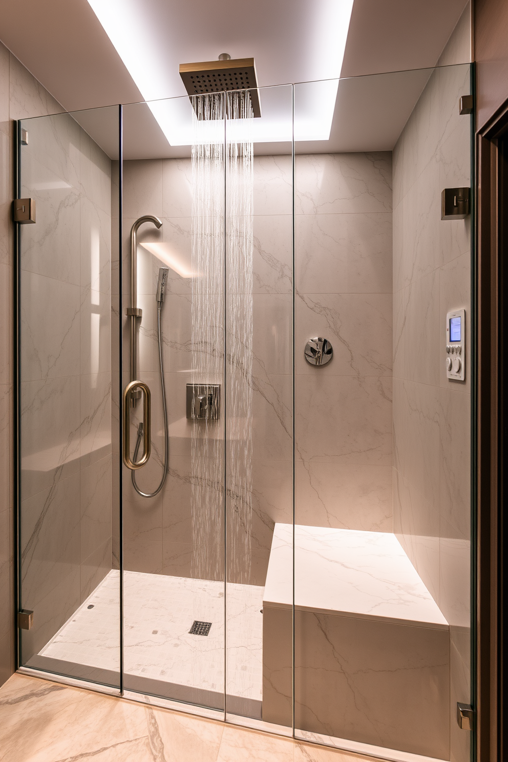 A vibrant bathroom shower design featuring colorful mosaic tiles that create a playful and dynamic atmosphere. The walls are adorned with an array of bright tiles in various shapes and sizes, complemented by a sleek glass shower enclosure.