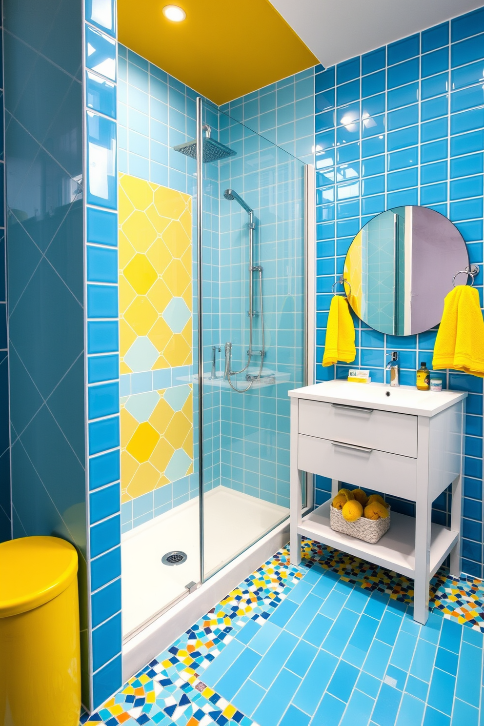 A vibrant bathroom shower design featuring bold colors such as bright blue tiles and sunny yellow accents. The shower area includes a modern glass enclosure with a rain showerhead and playful geometric patterns on the walls. The floor is adorned with colorful mosaic tiles that add a touch of fun to the space. A sleek white vanity with a round mirror complements the lively atmosphere, while fluffy towels in contrasting colors hang nearby.