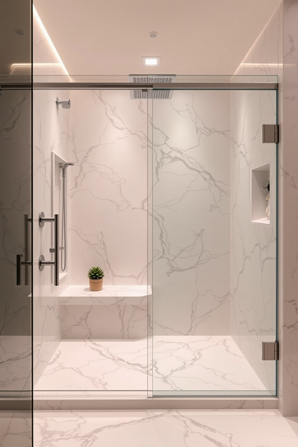 A luxurious bathroom shower design featuring elegant marble finishes that exude timeless sophistication. The walk-in shower boasts floor-to-ceiling marble tiles with a seamless glass enclosure, complemented by a rainfall showerhead and sleek chrome fixtures. Soft ambient lighting highlights the intricate veining of the marble, creating a serene atmosphere. A built-in bench made of matching marble provides convenience and style, while a small potted plant adds a touch of greenery to the space.