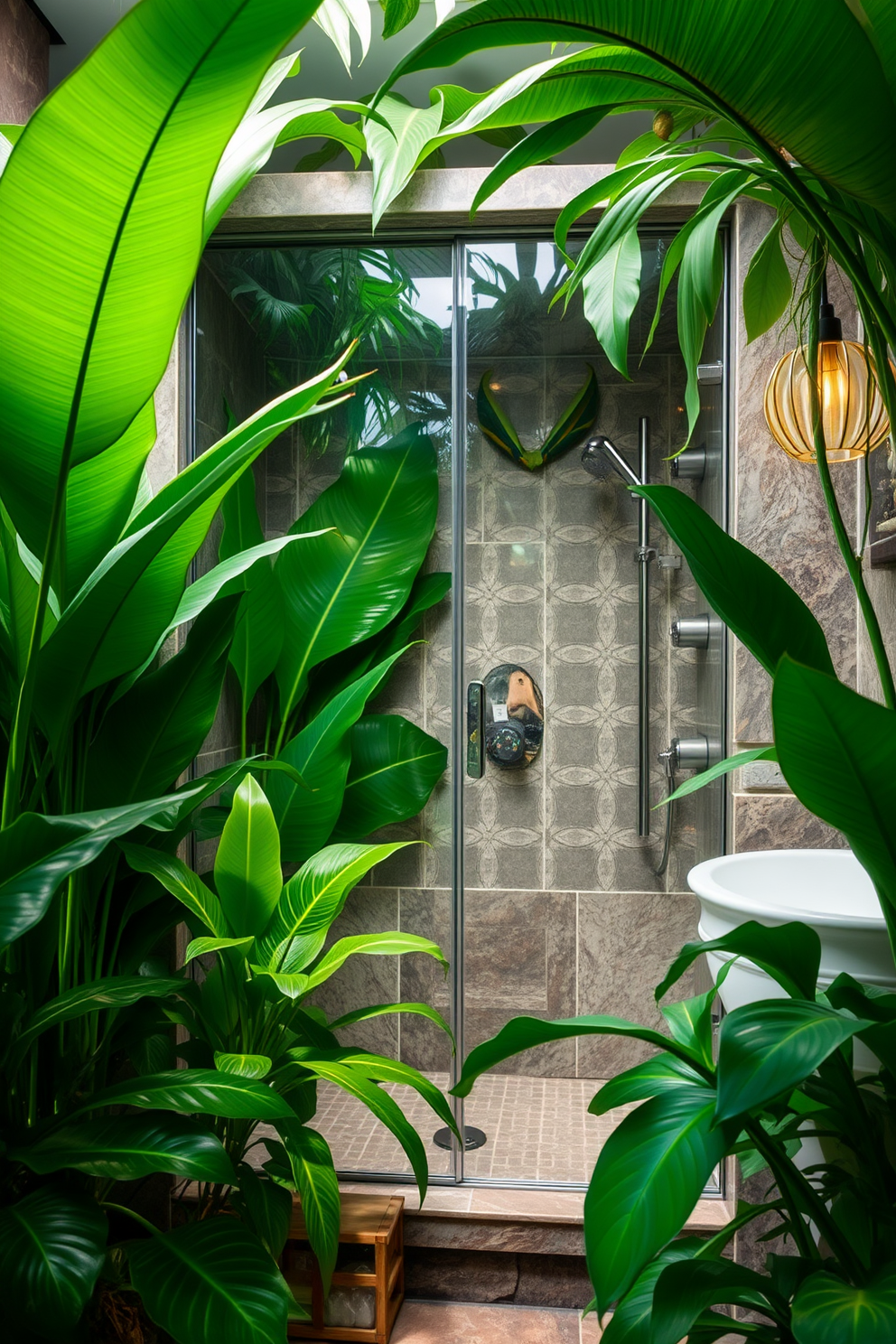 A vibrant bathroom oasis featuring tropical plants that create a refreshing atmosphere. The space showcases a walk-in shower with glass doors, surrounded by lush greenery and natural stone accents. The shower area is adorned with large, leafy plants that thrive in humidity, enhancing the tropical vibe. Soft, ambient lighting illuminates the space, highlighting the textures of the plants and the elegant fixtures.