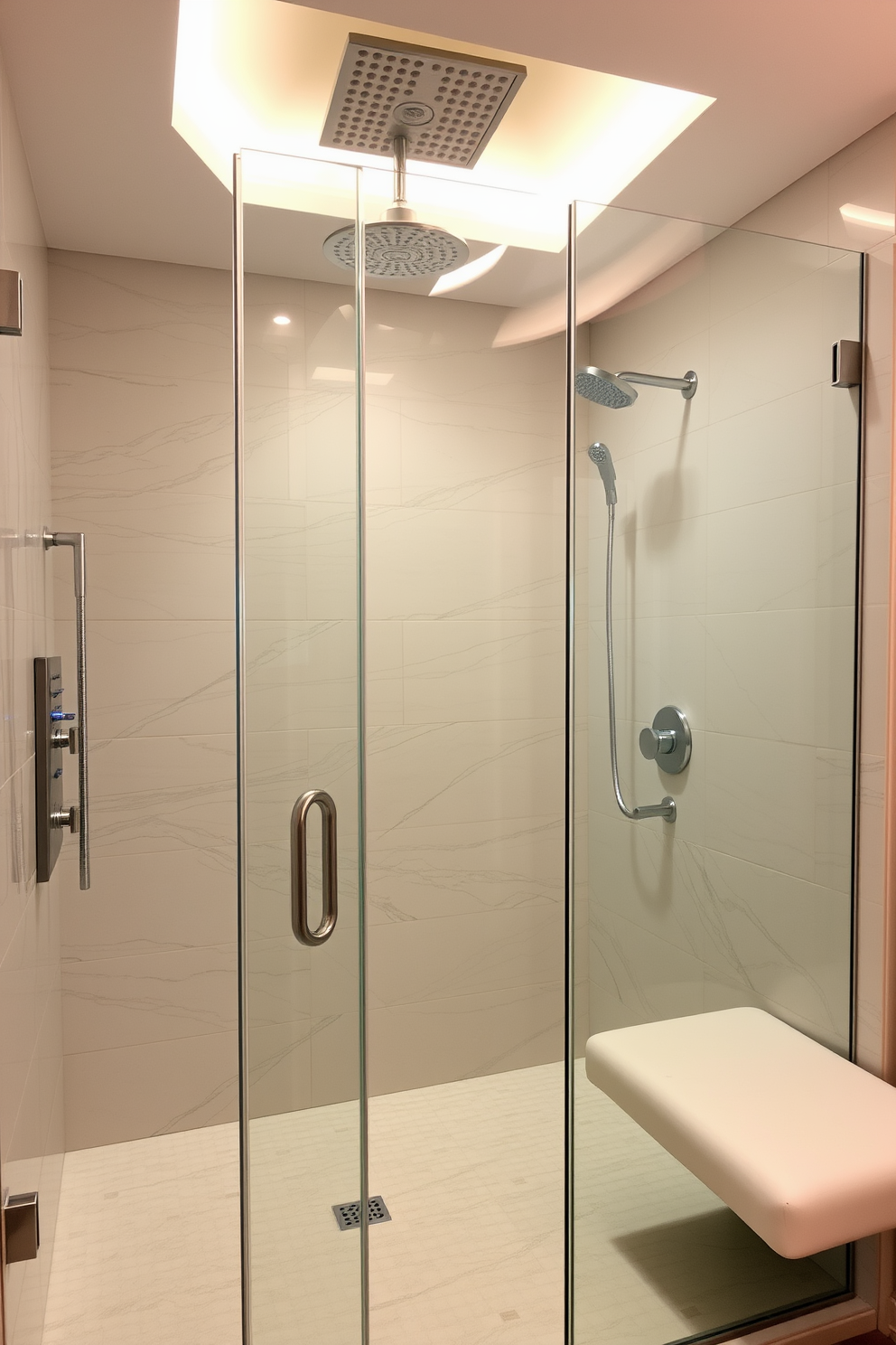 An elegant walk-in shower features a sleek glass enclosure with polished chrome fixtures. The rain showerhead is positioned above, providing a luxurious and refreshing experience. The walls are adorned with large format marble tiles in soft white and gray tones. A built-in bench made of the same marble adds both functionality and style to the space.