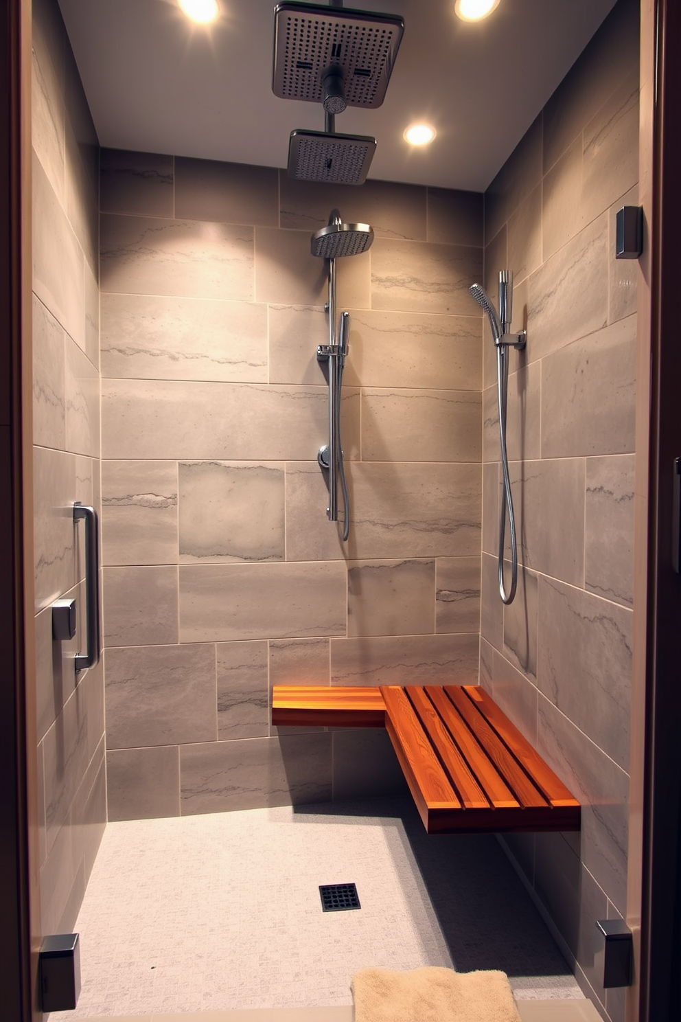 A luxurious steam shower designed for ultimate relaxation. The walls are tiled with large, soft gray stones, and ambient lighting creates a serene atmosphere. A built-in bench made of rich teak wood offers comfort and style. The shower features a rainfall showerhead and multiple body sprays for a spa-like experience.