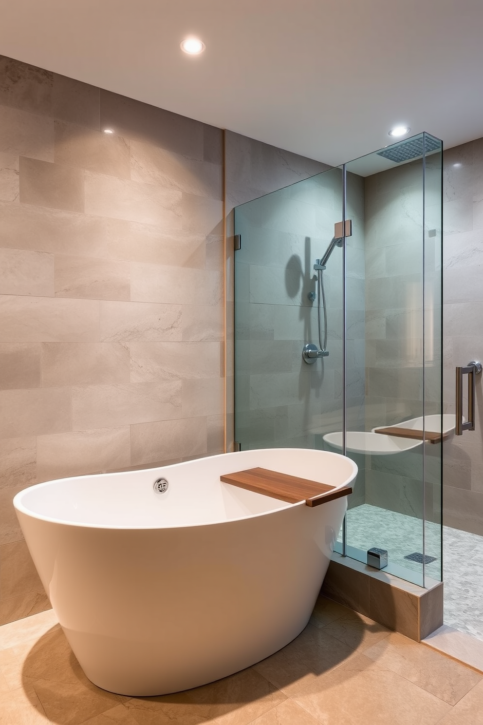 A luxurious bathroom featuring a freestanding tub positioned gracefully next to a spacious walk-in shower. The tub is elegantly designed with a modern silhouette and surrounded by natural stone tiles that create a serene atmosphere. The walk-in shower boasts a glass enclosure with a rainfall showerhead and sleek chrome fixtures. Soft ambient lighting highlights the textures of the tiles and the tranquil aesthetic of the space.