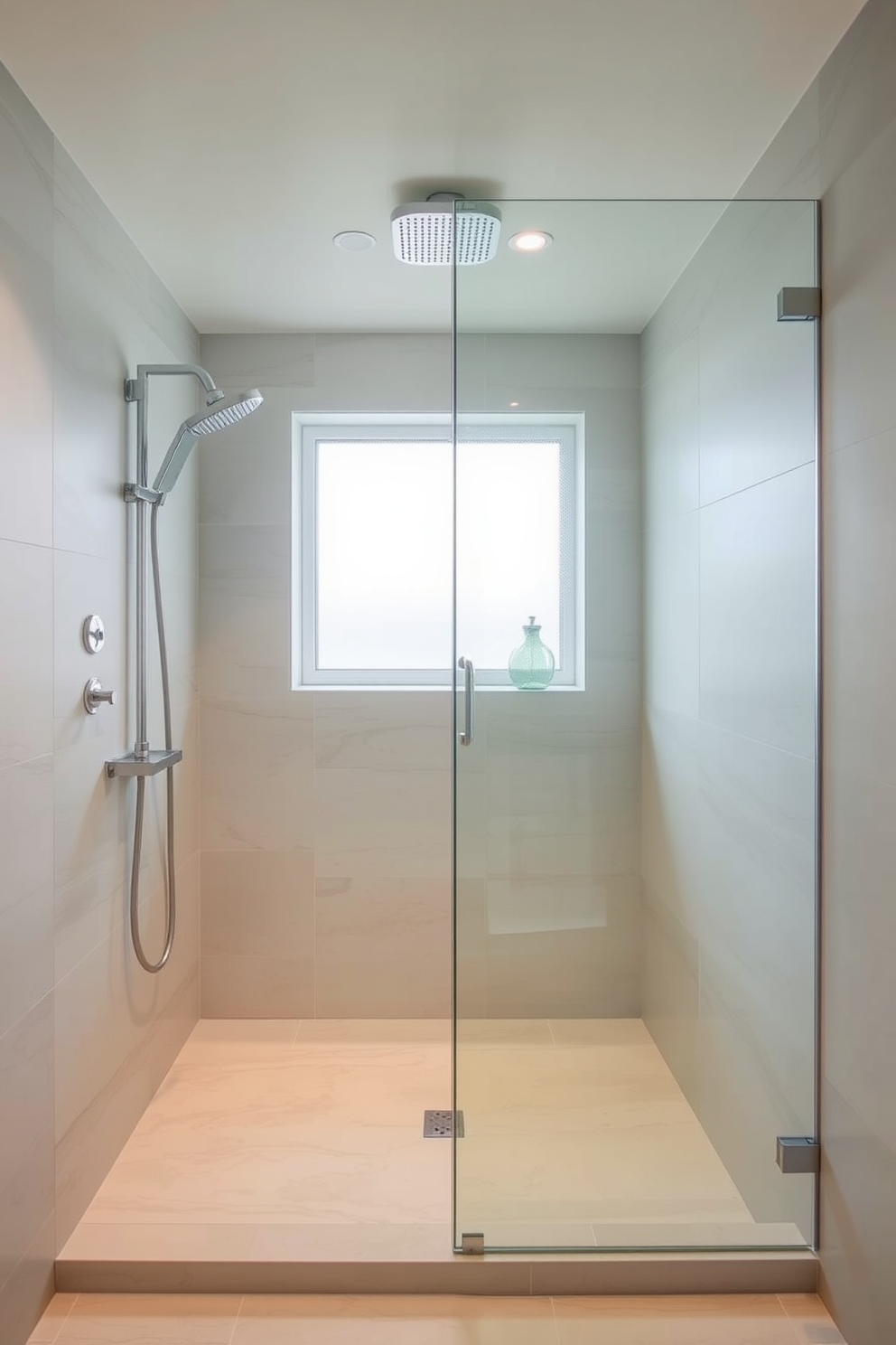 A luxurious bathroom featuring a spacious walk-in shower with double showerheads. The walls are adorned with large format tiles in a soft gray tone, and a sleek glass partition separates the shower area from the rest of the bathroom. The floor is finished with elegant marble tiles that complement the overall design. Soft lighting is installed above the shower, creating a serene ambiance for relaxation.