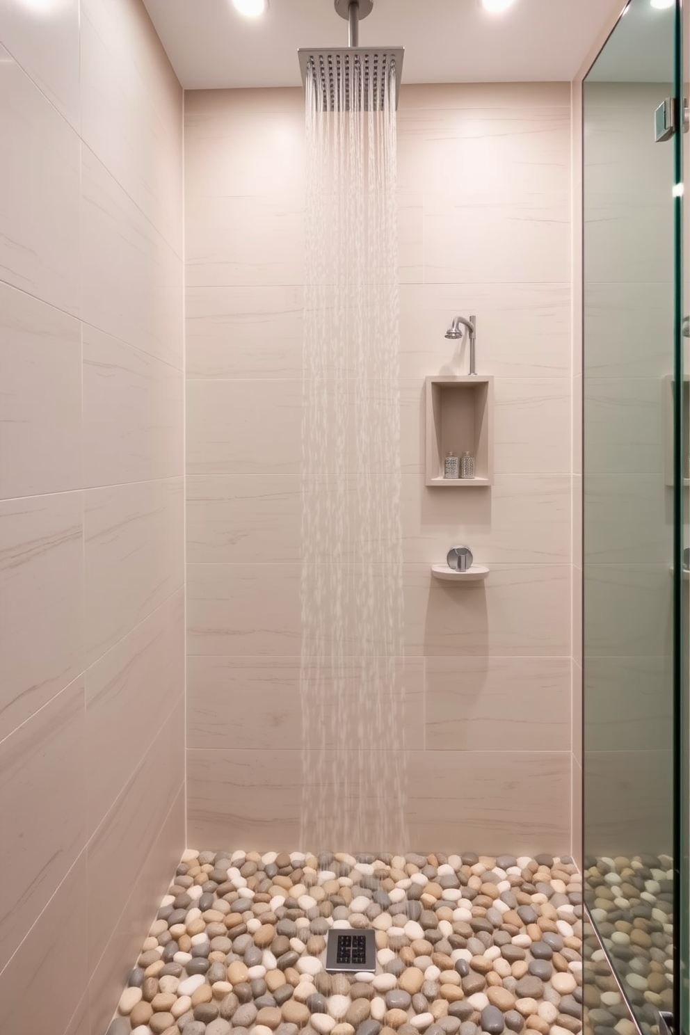 A luxurious bathroom shower design featuring a rain showerhead that creates a spa-like experience. The walls are adorned with large format tiles in a calming neutral tone, and the floor is finished with sleek pebble stones for added texture.