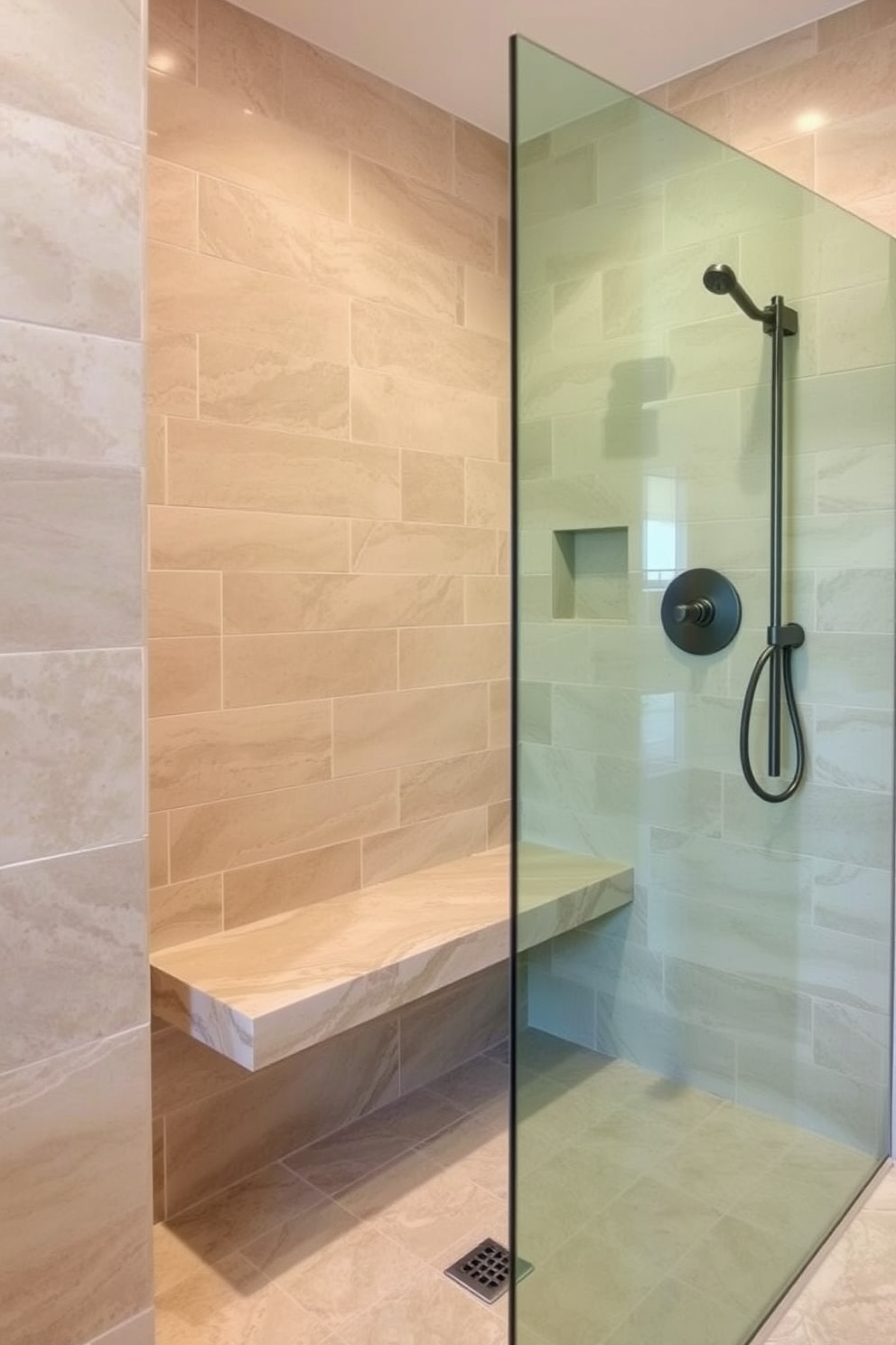 A minimalist bathroom shower design featuring sleek, modern fixtures. The walls are clad in large, white tiles with a subtle texture, and the floor is a smooth, light gray stone. A frameless glass shower enclosure allows for an open feel, while a rainfall showerhead is mounted from the ceiling. Soft, ambient lighting is integrated into the ceiling, creating a serene atmosphere.