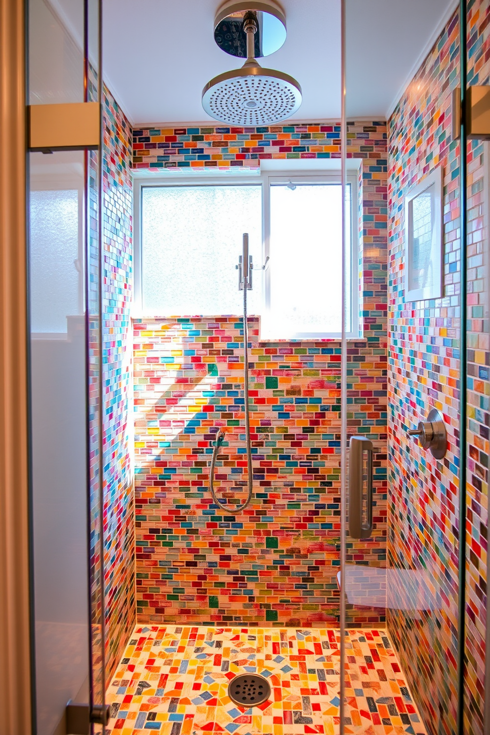 A stunning bathroom shower design featuring colorful mosaic tiles that create a vibrant and lively atmosphere. The shower area is framed by sleek glass panels, allowing the beautiful tile work to be fully appreciated. Above the showerhead, a rain shower fixture adds a touch of luxury and modernity. Soft natural light filters in through a frosted window, enhancing the colors of the mosaic tiles and creating a warm ambiance.