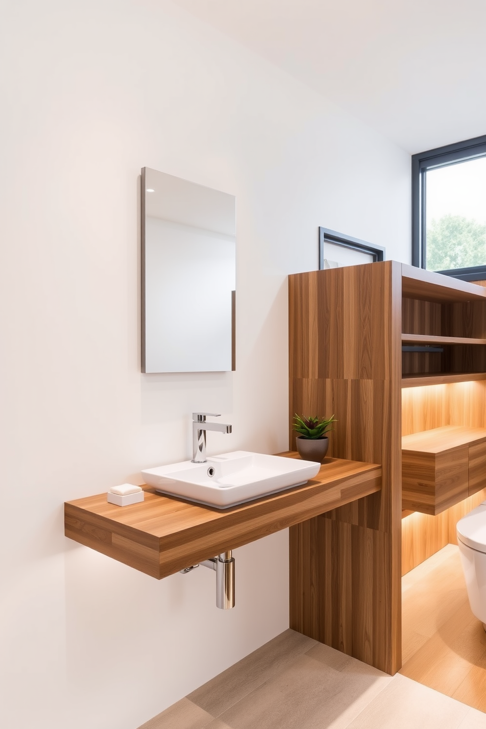 A modern floating sink with sleek lines is mounted against a minimalist wall. The sink features a polished chrome faucet and a simple rectangular mirror above it, enhancing the contemporary aesthetic. The surrounding space is adorned with natural wood accents and soft, ambient lighting. A small potted plant sits on the countertop, adding a touch of greenery to the design.