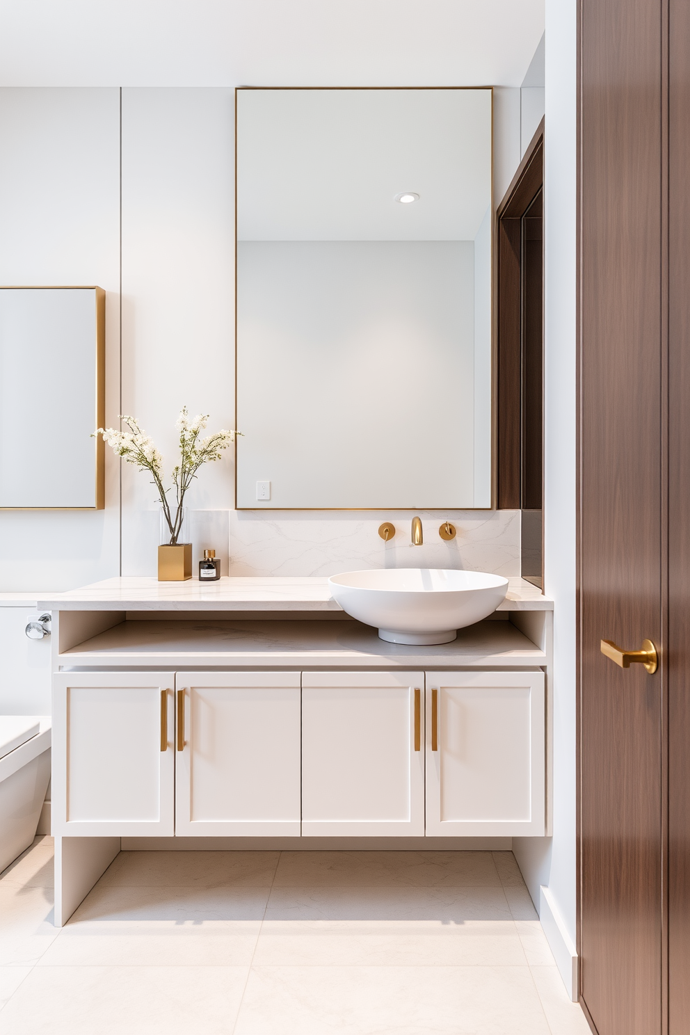 A luxurious bathroom featuring a stunning marble sink that exudes elegance and sophistication. The sink is paired with sleek gold fixtures, complementing the overall opulence of the space. The surrounding area showcases a beautifully tiled backsplash with intricate patterns that enhance the design. Soft ambient lighting creates a warm and inviting atmosphere, perfect for relaxation.