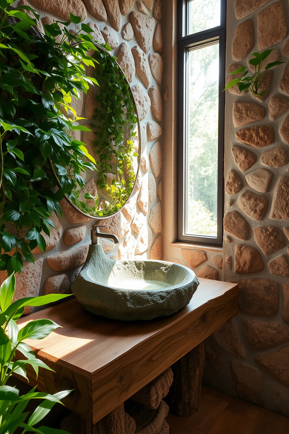 A round sink sits gracefully atop a wooden vanity, creating a soft and organic look. The surrounding countertop is adorned with natural stone, enhancing the serene atmosphere of the bathroom. Soft lighting illuminates the space, casting gentle shadows that highlight the sink's curves. Complementing the sink, lush greenery is placed nearby, adding a touch of nature to the design.