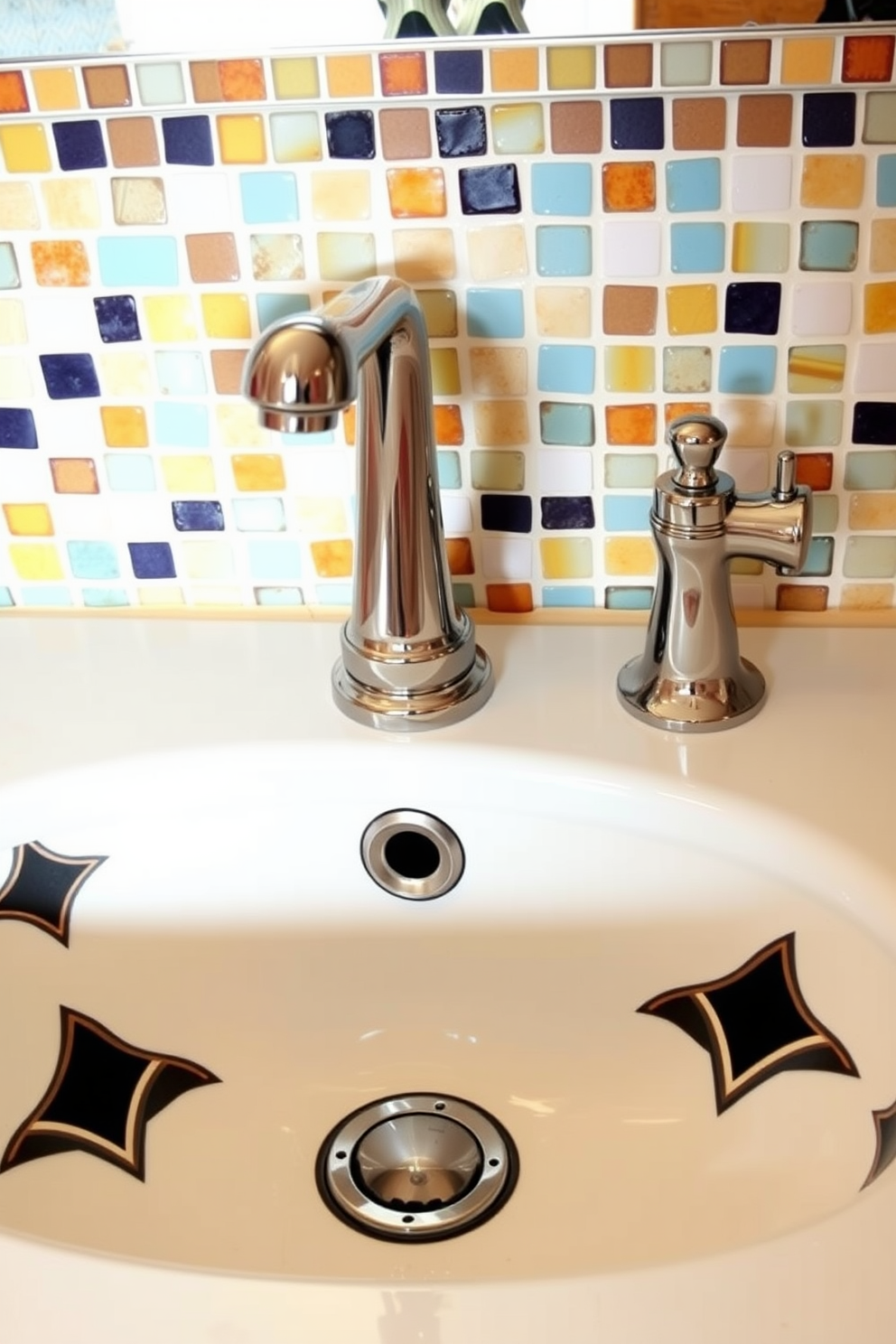 Art deco sink featuring bold geometric patterns and a polished chrome finish. The sink is accompanied by a sleek, vintage-inspired faucet and surrounded by a mosaic tile backsplash in vibrant colors.