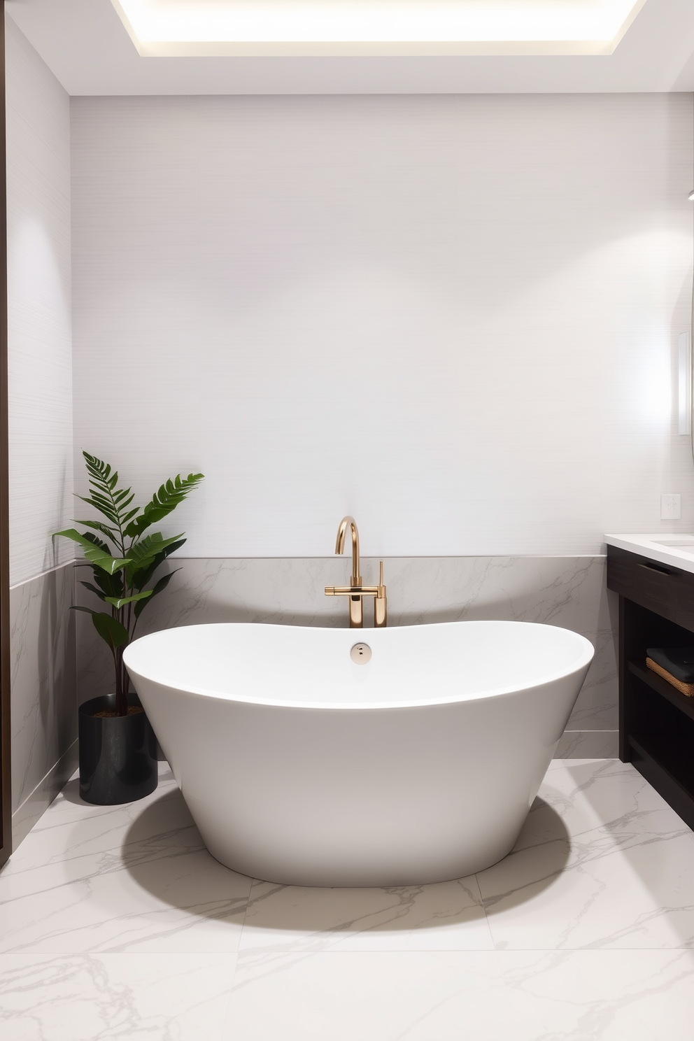 A luxurious freestanding tub is positioned in the center of the bathroom, surrounded by elegant marble tiles that reflect soft lighting. Next to the tub, a stylish sink combo features a sleek countertop with modern fixtures, enhancing the overall sophistication of the space. The walls are adorned with subtle textured wallpaper in a soft neutral tone, creating a serene atmosphere. A decorative plant sits beside the tub, adding a touch of greenery and warmth to the luxurious setting.