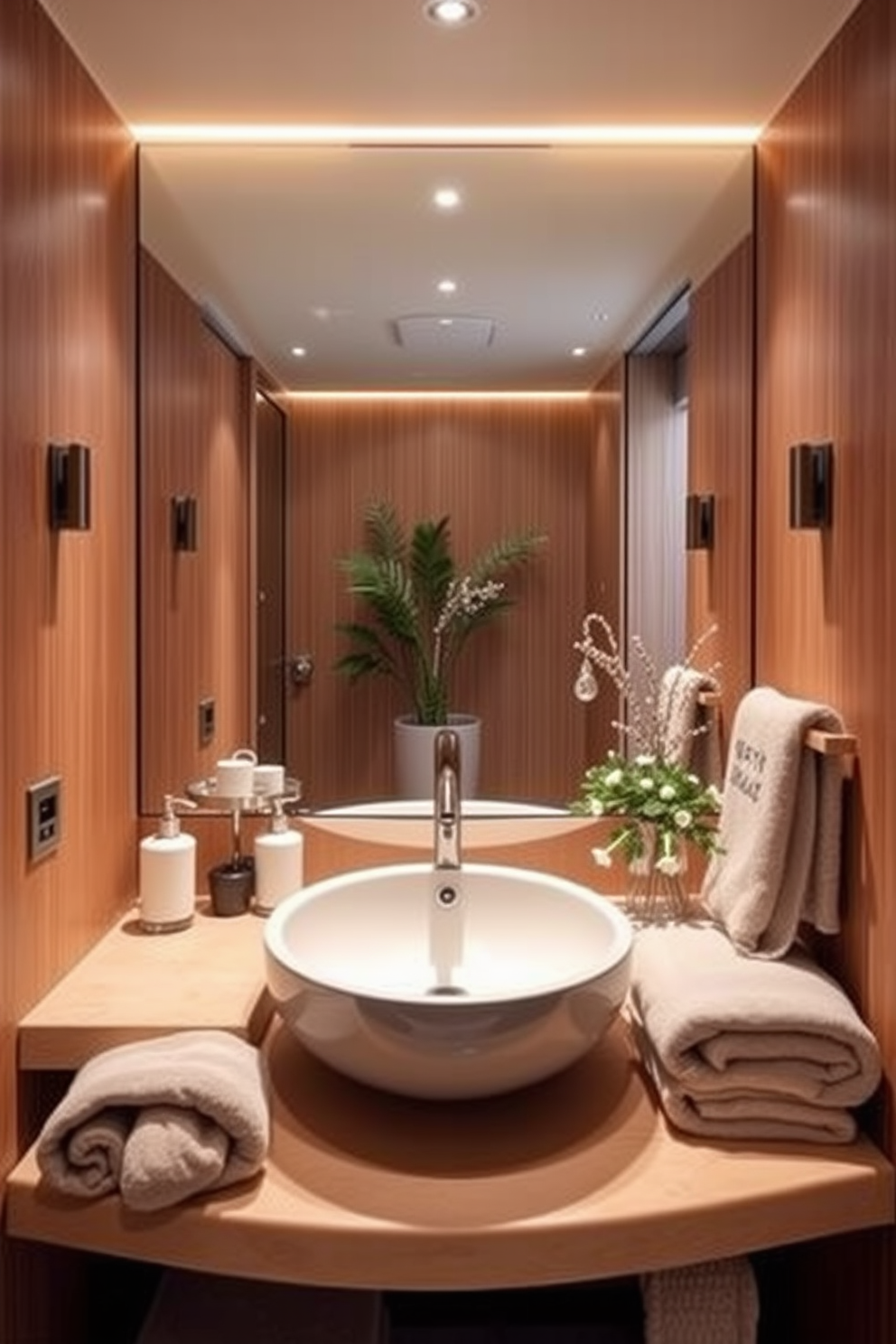 A natural stone sink sits atop a rustic wooden vanity, exuding an earthy vibe. The surrounding walls are adorned with warm, neutral tones, complemented by lush greenery in woven baskets. Soft, ambient lighting highlights the organic textures of the sink and the vanity, creating a serene atmosphere. A simple, elegant faucet in brushed bronze adds a touch of sophistication to the natural aesthetic.