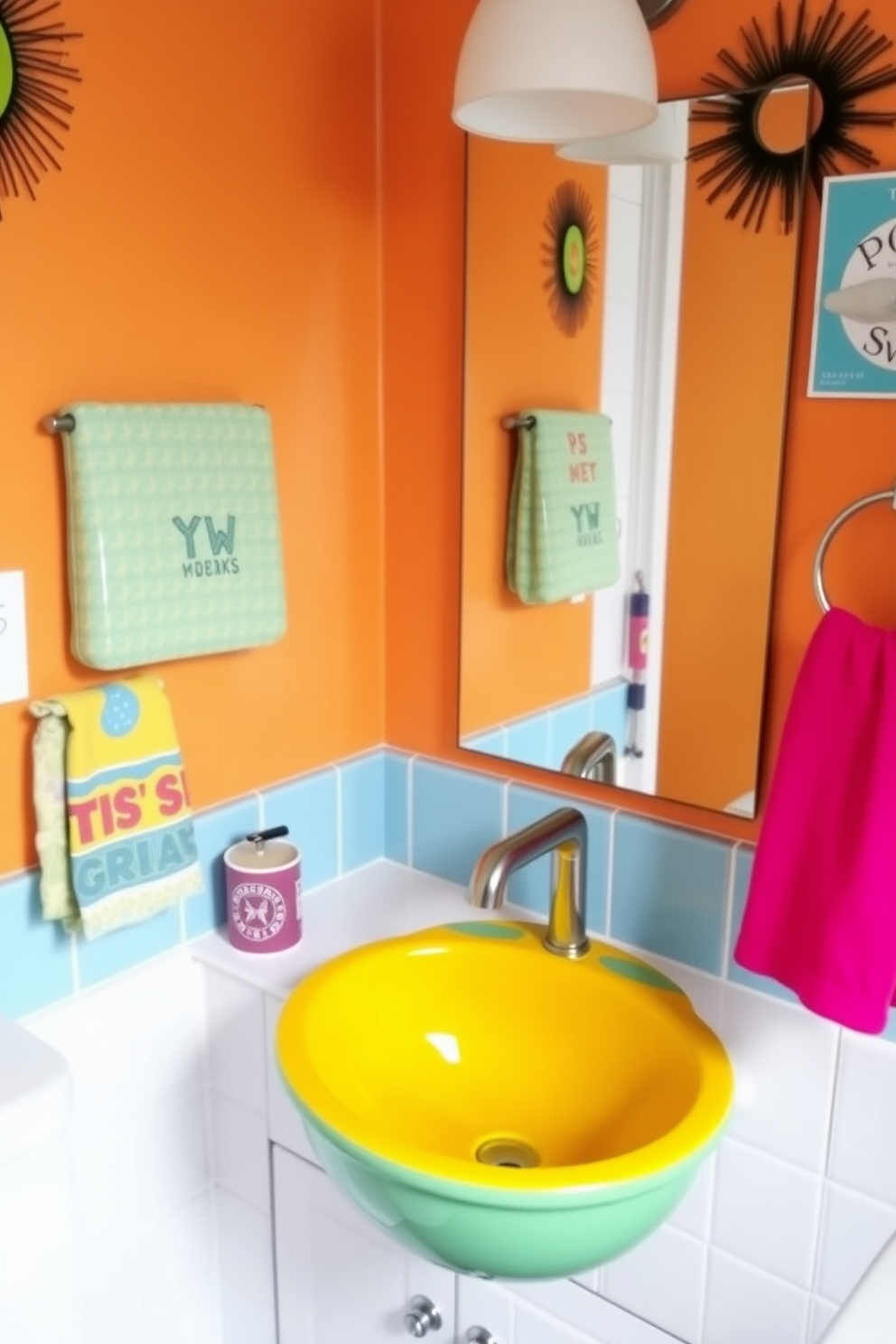 A brightly colored sink in a playful design adds a vibrant touch to the bathroom. The sink is surrounded by playful decor elements, such as colorful towels and quirky wall art, creating an inviting and cheerful atmosphere.