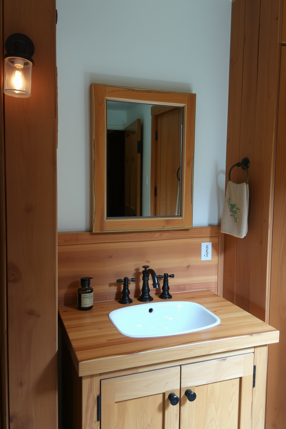 A rustic wooden vanity with an undermount sink creates a warm and inviting atmosphere. The natural wood grain contrasts beautifully with the sleek lines of the sink, enhancing the overall design. Above the vanity, a vintage-style mirror complements the rustic aesthetic. Soft, ambient lighting highlights the textures of the wood and the subtle details of the bathroom decor.