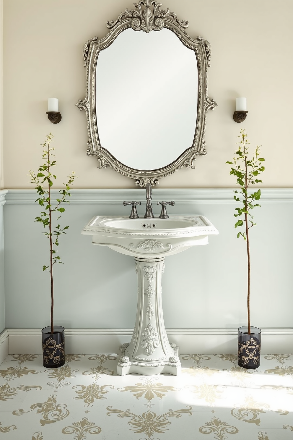 An elegant pedestal sink with intricate details stands gracefully in the center of a bright and airy bathroom. Surrounding the sink are soft pastel-colored walls and a beautifully patterned floor that complements the sink's design. A vintage-inspired mirror with ornate framing hangs above the sink, adding a touch of sophistication. Flanking the sink, delicate potted plants bring a refreshing element of nature into the space.