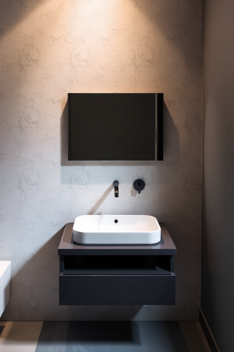 A striking bathroom design featuring a high-contrast sink and vanity combination. The vanity is a deep charcoal color with a sleek white countertop, while the sink is a bold black vessel that adds drama to the space. The walls are adorned with a light gray finish that enhances the contrast of the fixtures. A large, framed mirror with a minimalist design reflects the elegant features of the room, while stylish pendant lights illuminate the area above the sink.