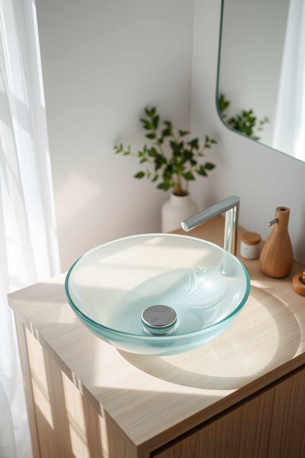 A translucent sink sits gracefully in a serene bathroom setting, illuminated by soft natural light filtering through a nearby window. The sink's delicate curves and shimmering surface create an ethereal effect, enhancing the overall tranquility of the space. Surrounding the sink, a minimalist vanity in a light wood finish complements the translucent design. Accents of greenery and subtle decorative elements add warmth and character, making this bathroom a peaceful retreat.