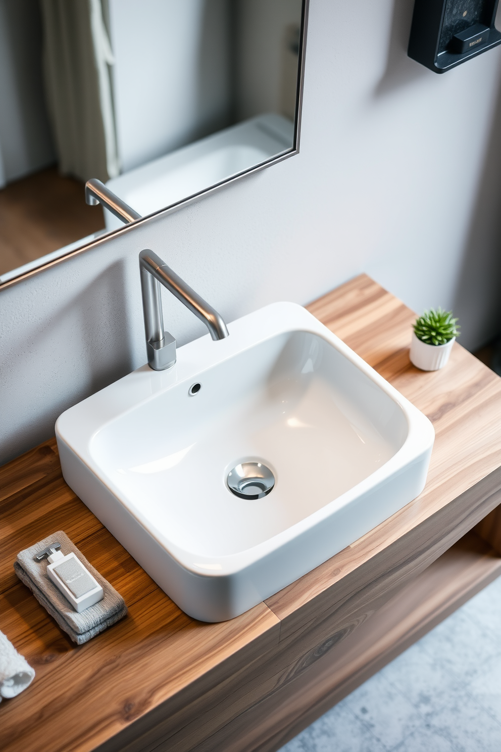 A stylish sink with an integrated faucet features a seamless design that blends elegance with functionality. The sink is made of high-quality porcelain with a glossy finish, and the faucet has a sleek, modern look with a brushed nickel finish. The sink is mounted on a floating vanity made of reclaimed wood, providing a warm contrast to the cool tones of the bathroom. Surrounding the sink are minimalist accessories, including a soap dispenser and a small potted plant for a touch of greenery.