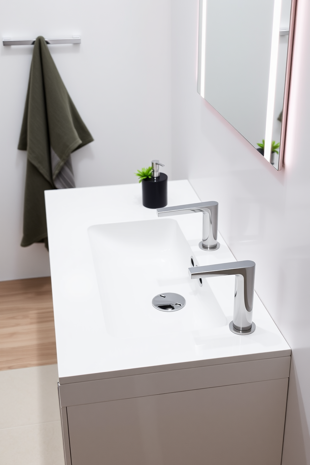 A striking bathroom featuring a color-blocked sink and vanity design. The vanity combines bold colors with a sleek finish, creating a modern centerpiece for the space. The sink is integrated seamlessly into the vanity, showcasing a unique shape that draws the eye. Surrounding the area are stylish accessories that complement the vibrant color scheme, enhancing the overall aesthetic.