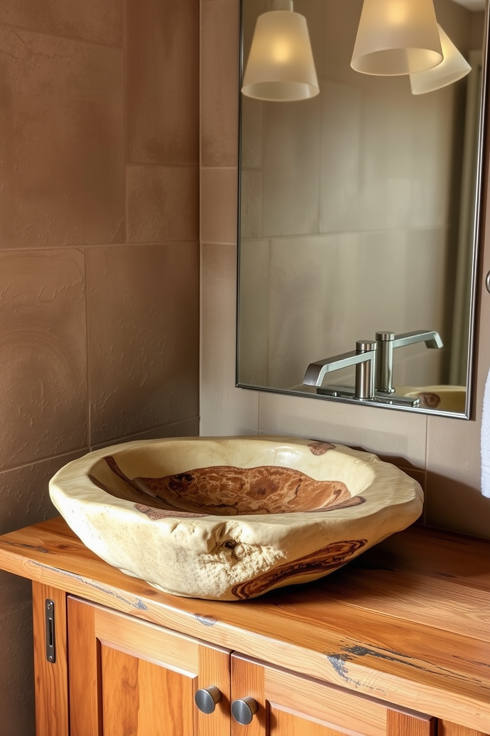 A rustic wood vanity with a sleek modern sink sits against a backdrop of warm, textured walls. The floor is adorned with natural stone tiles, and a large round mirror hangs above the vanity, reflecting soft ambient lighting.